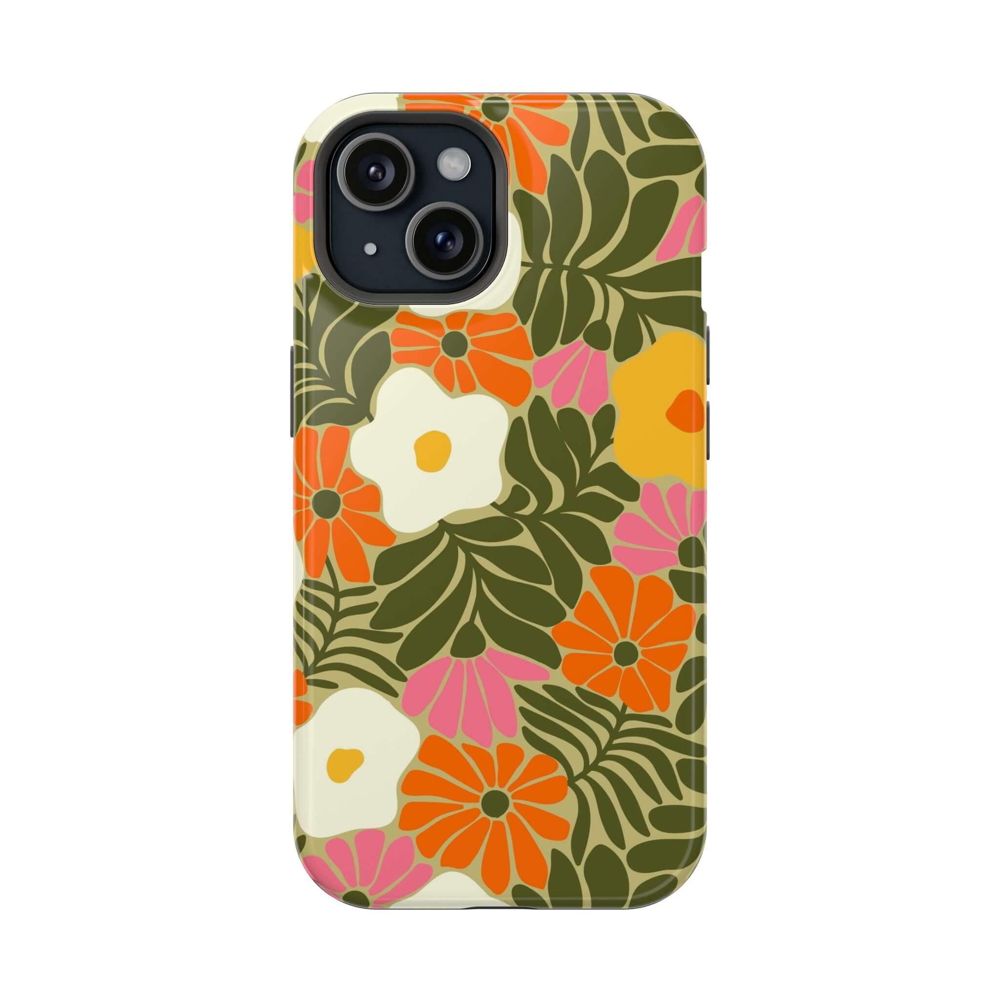 Cute retro floral phone case for iPhone, featuring vibrant colors and tropical vibes, perfect for stylish protection.