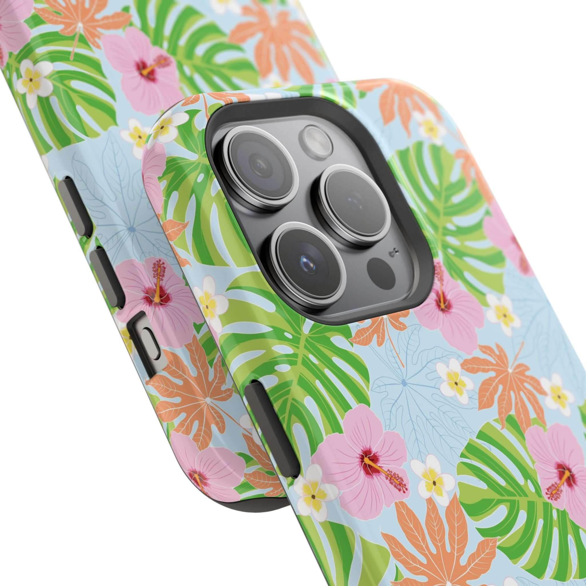 Colorful floral MagSafe iPhone 14 Pro case with hibiscus design, tropical flowers, and green leaves. Cute phone cover for added style.