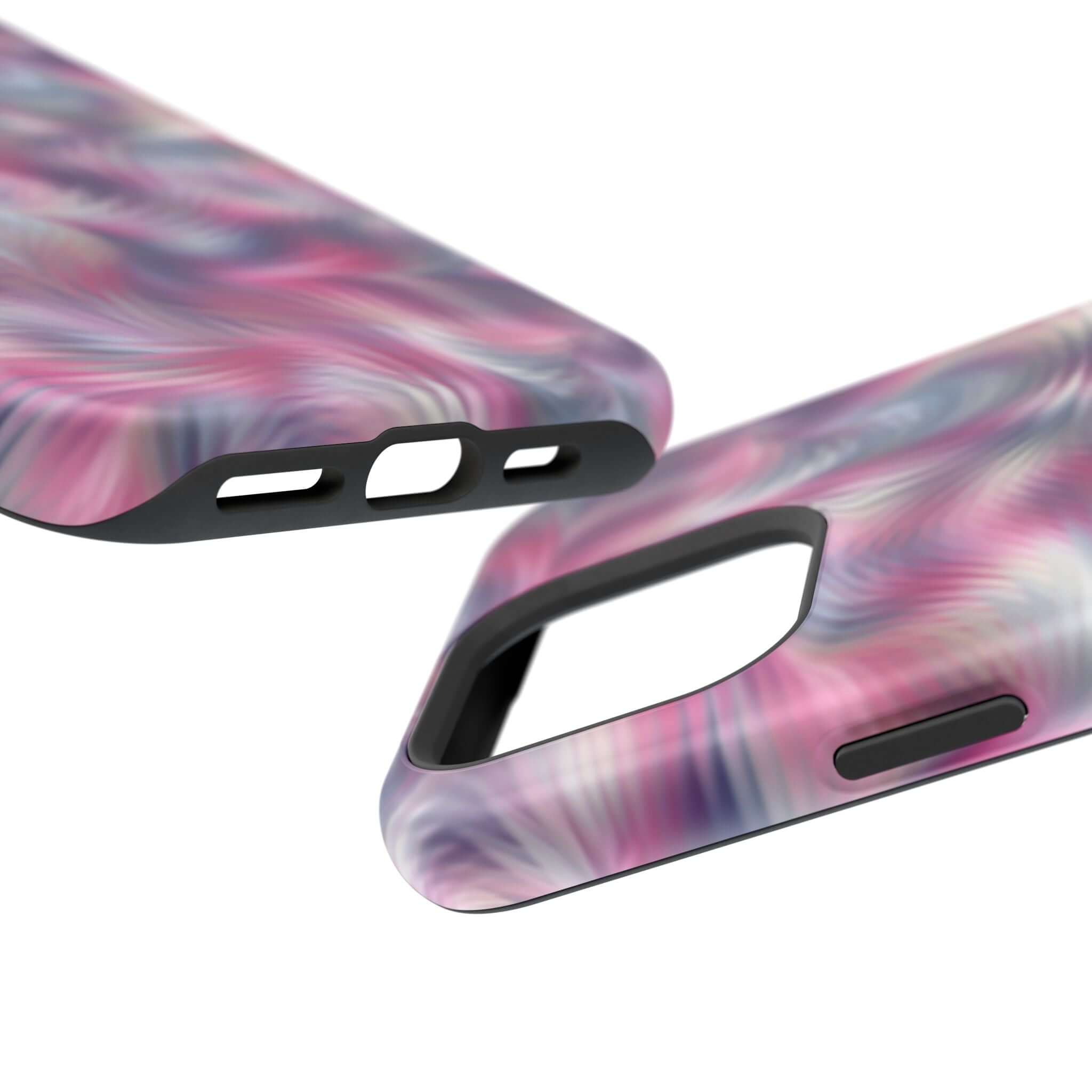 Purple abstract MagSafe iPhone case with tie dye swirl design, cute phone cover with floral touch, perfect for quirky protection.