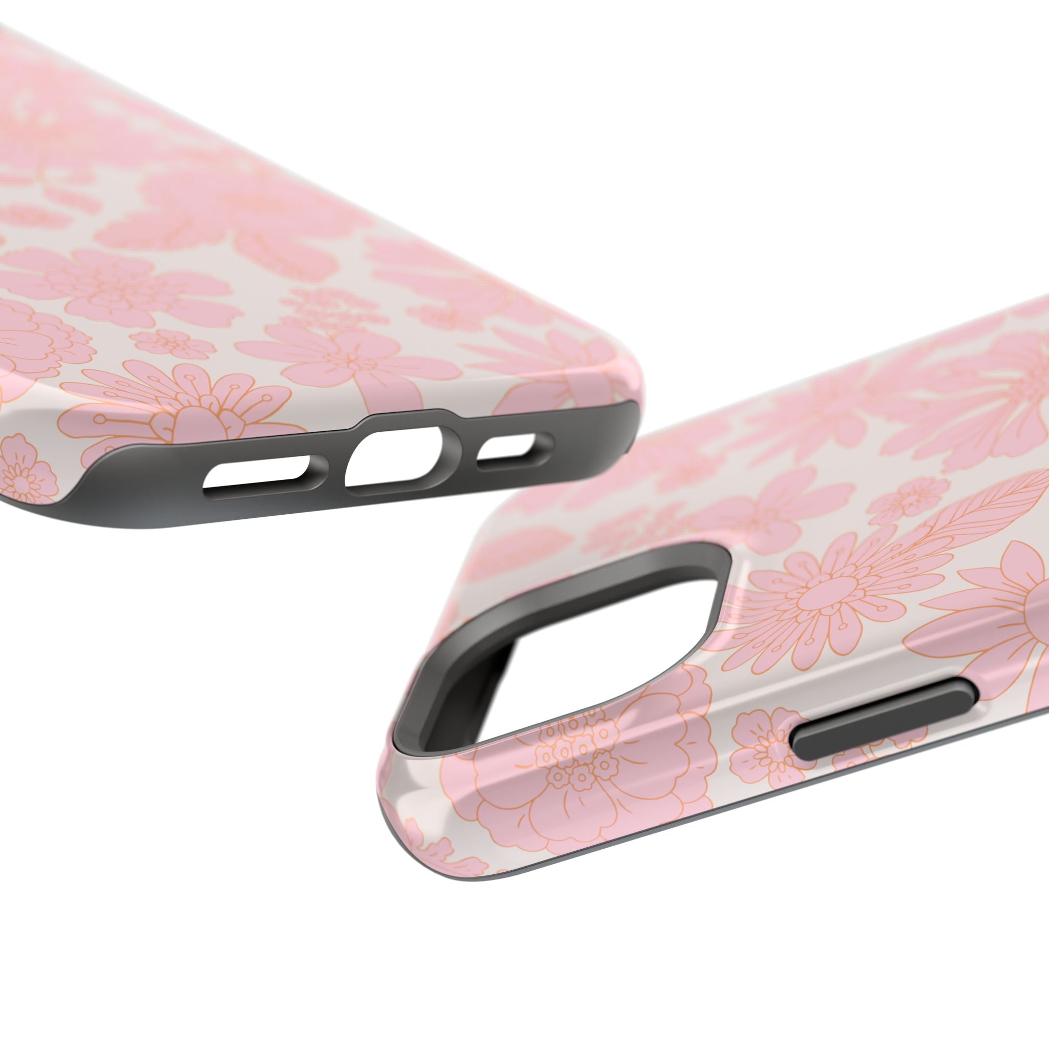 Pink floral iPhone 16 MagSafe case with charming petals design, perfect for a cottagecore aesthetic and phone protection.