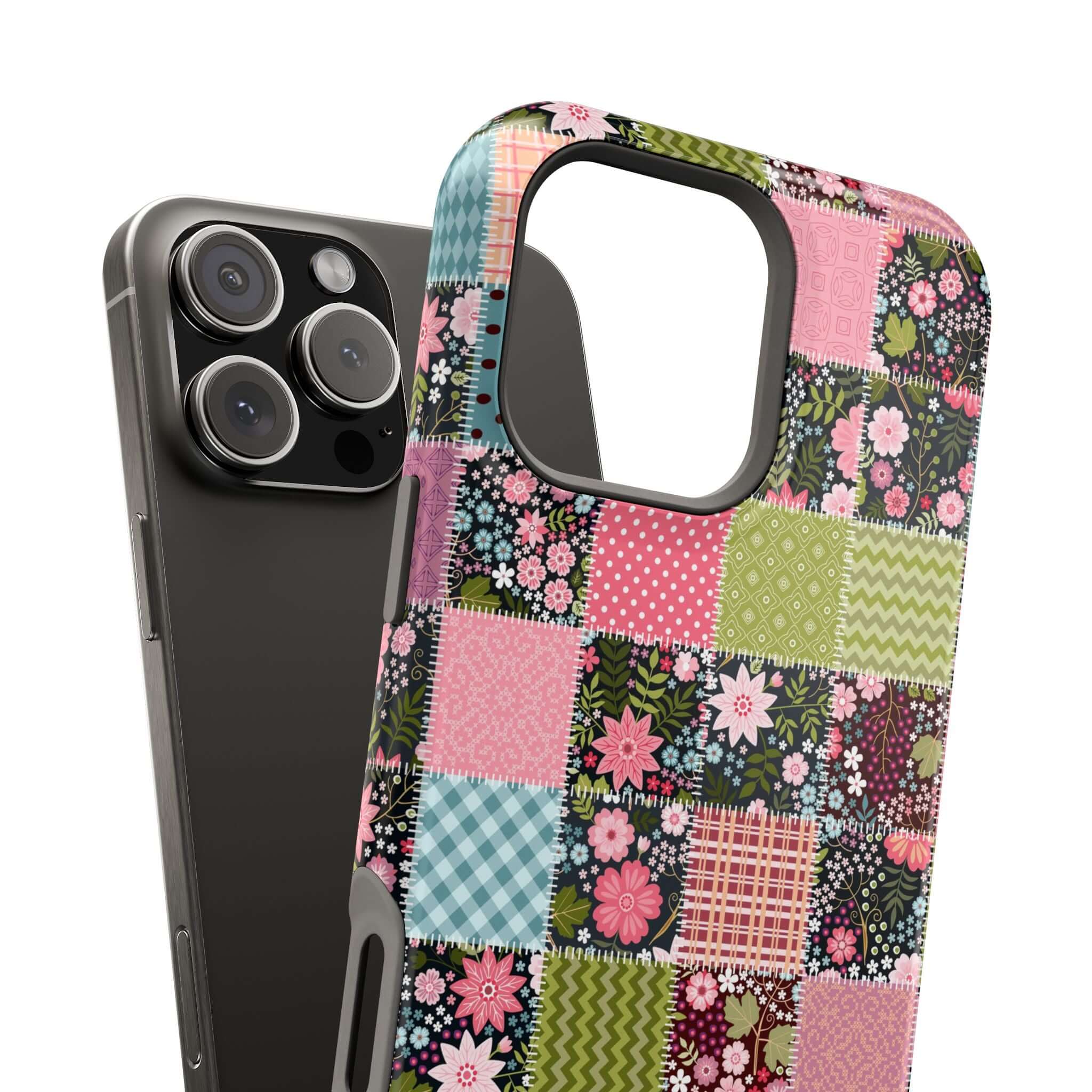 Cute floral iPhone MagSafe case with wildflower patchwork design, perfect for free-spirited vibes and phone protection.