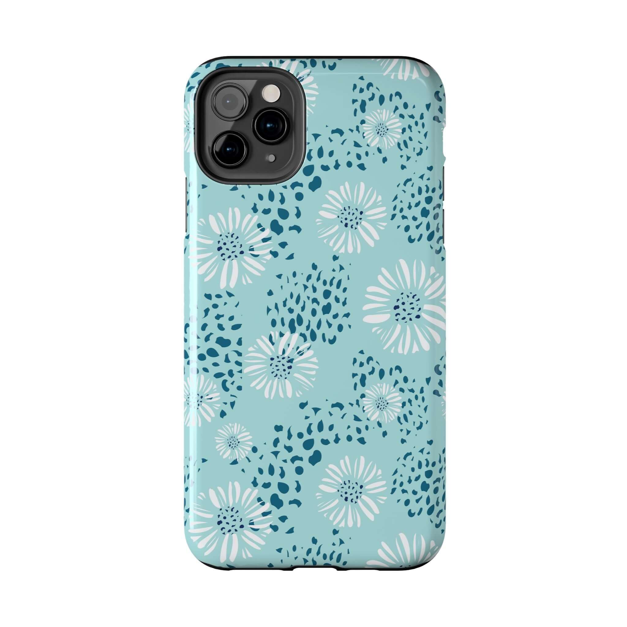 Teal floral iPhone case with white flowers, perfect for beach lovers, compatible with iPhone and Samsung models.