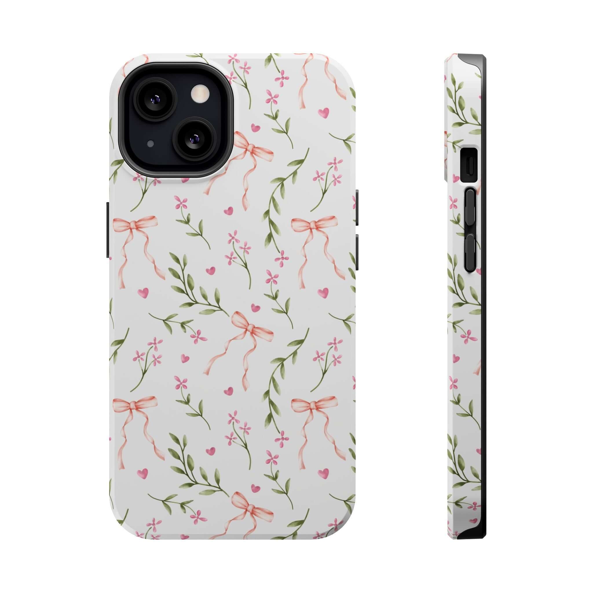 Pink Coquette MagSafe iPhone Case with floral and bow design, Darling Daydream's cute and whimsical phone cover.