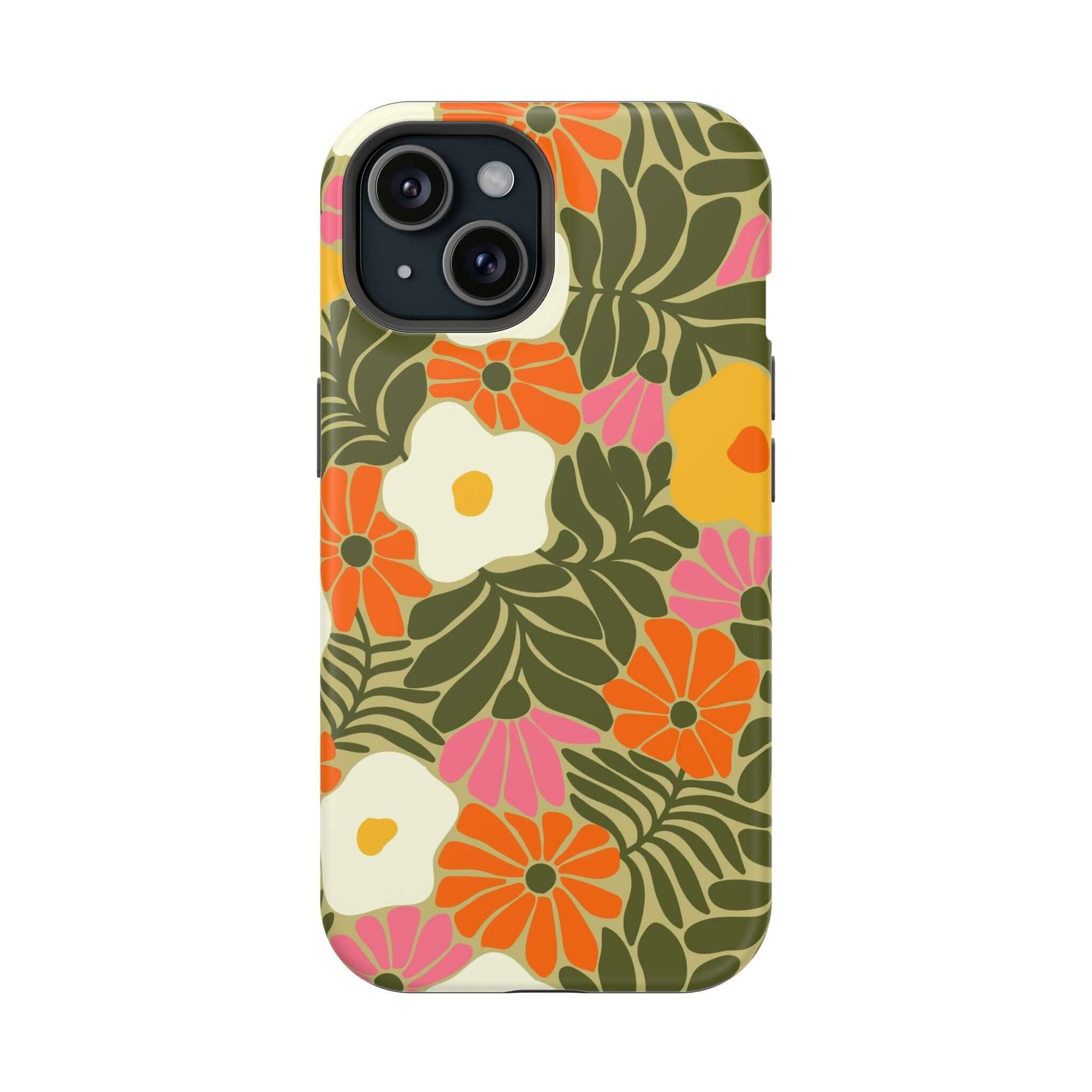 Retro floral iPhone case with tropical flowers and leaves, perfect cute phone cover for beach vibes.