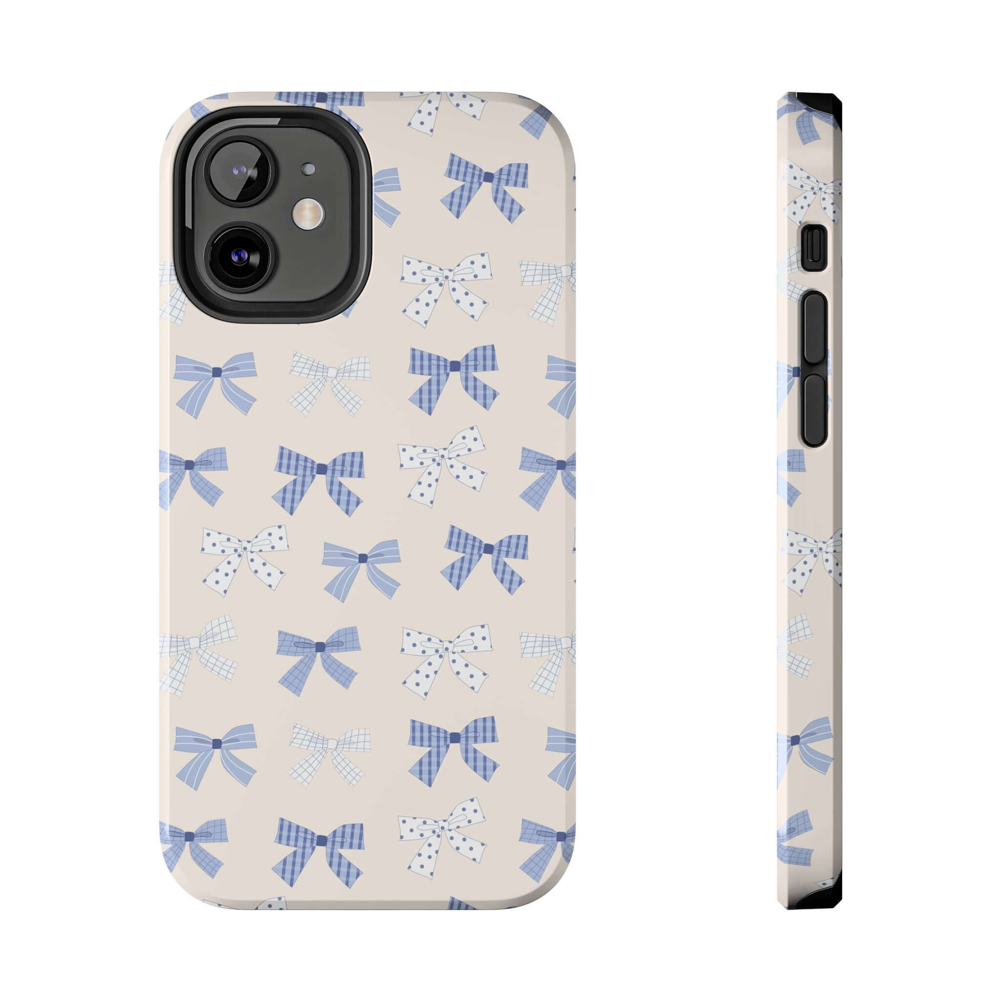 Cute phone case with blue bows design for iPhone 16, perfect for a bride-to-be. Playful and protective accessory.