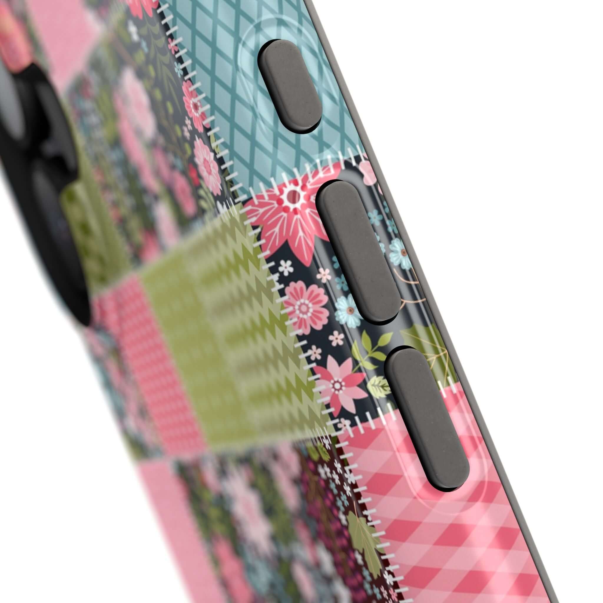 Wildflower Patchwork MagSafe iPhone Case showcasing vibrant floral patchwork design, perfect cute phone cover for free spirits.