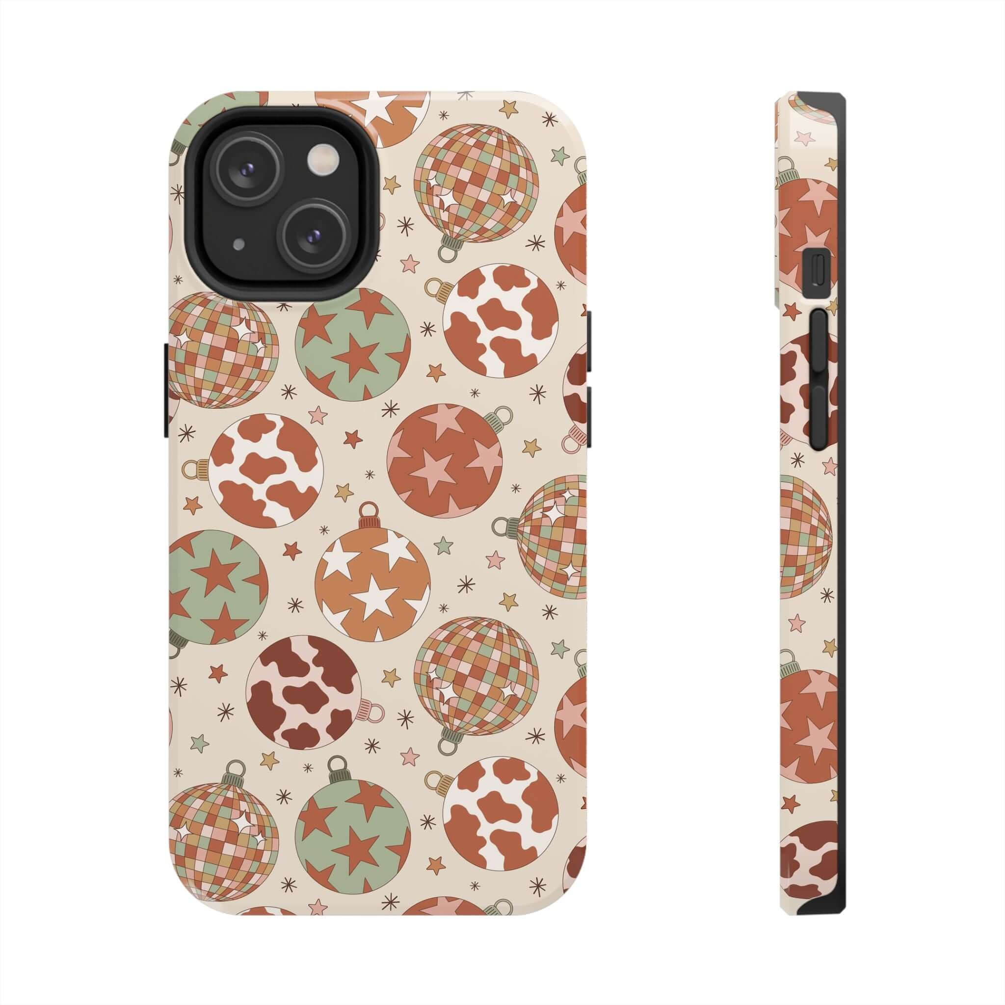 Festive cowgirl Christmas phone case with colorful pattern for iPhone, featuring cute stars and cow print design.