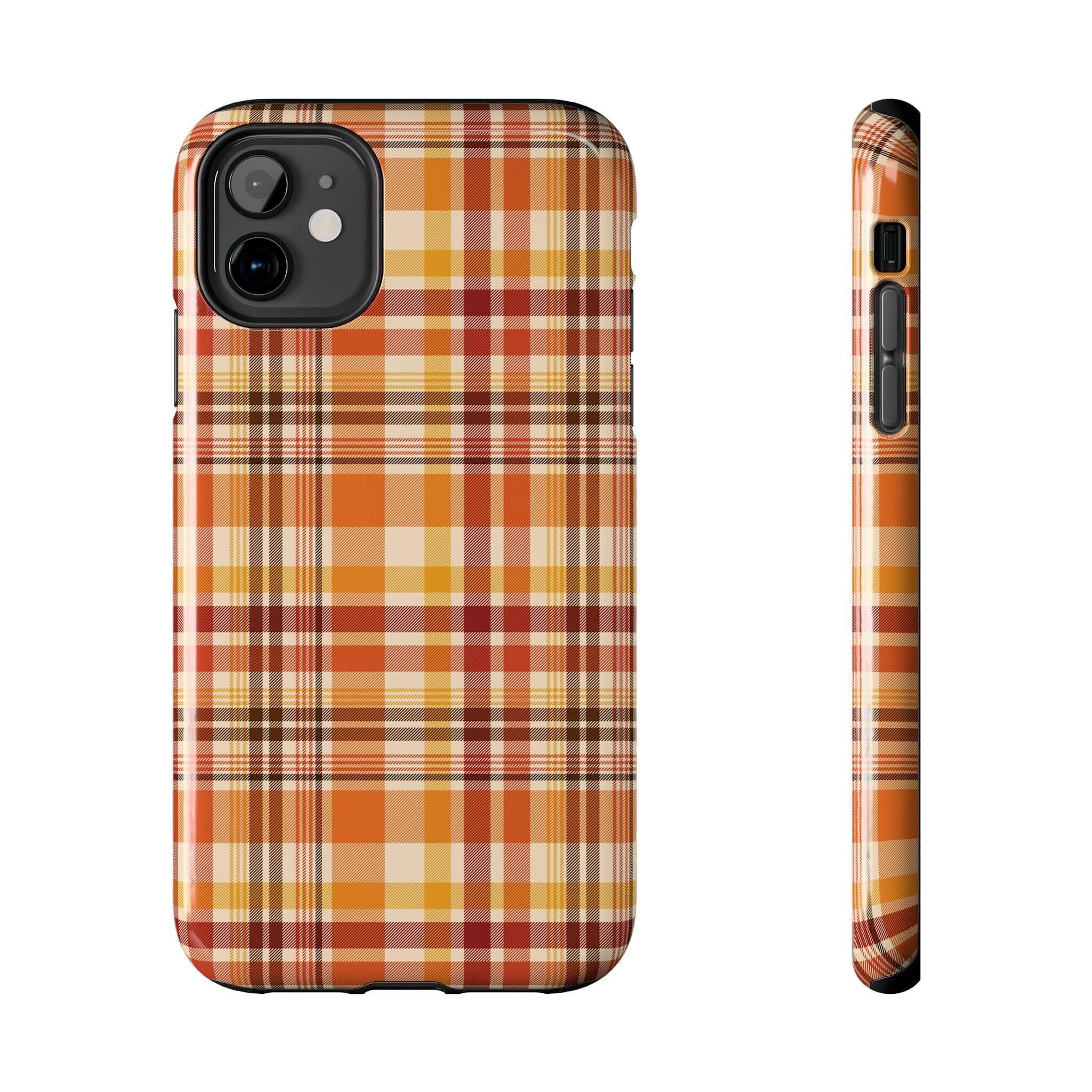 Autumn Air fall plaid phone case with orange and yellow design, perfect for Halloween and a cute fall iPhone case.