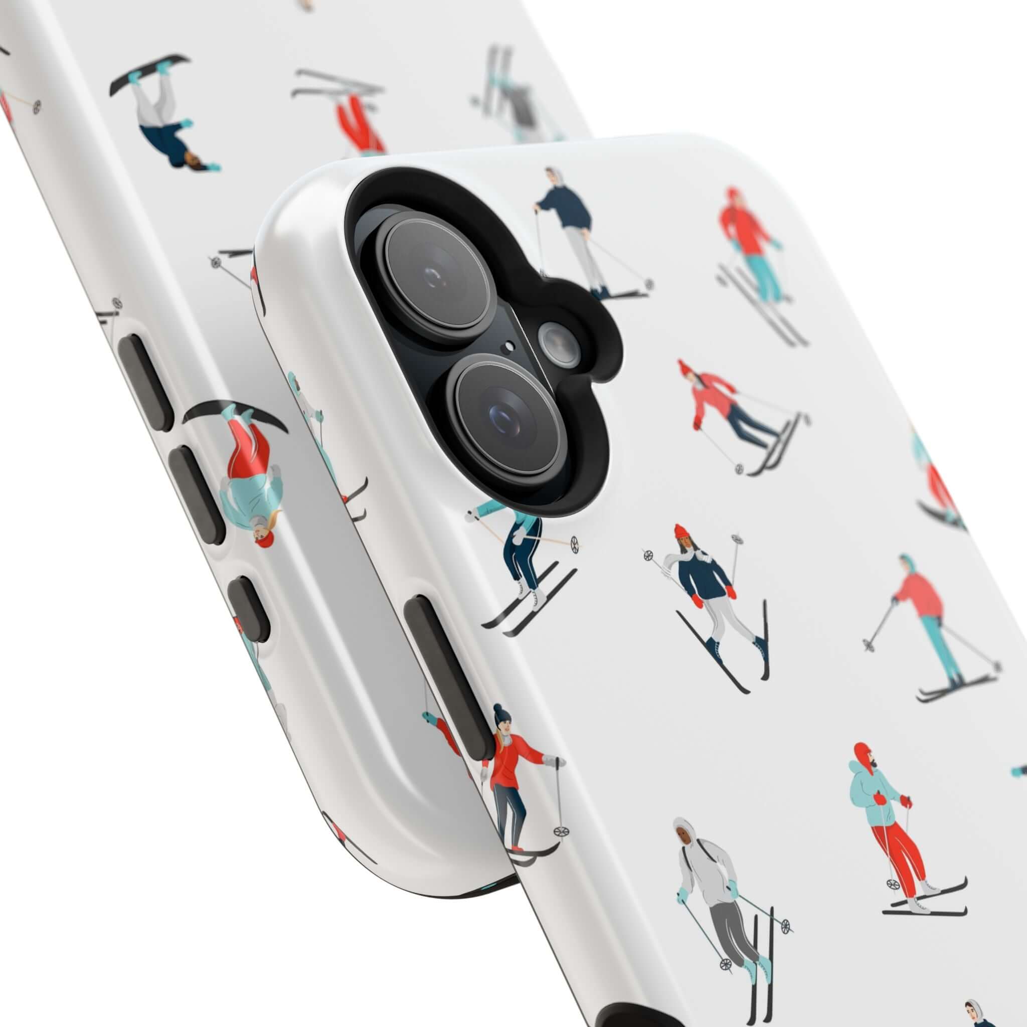 Cute phone cover featuring playful ski designs, perfect for winter sports enthusiasts and iPhone protection.