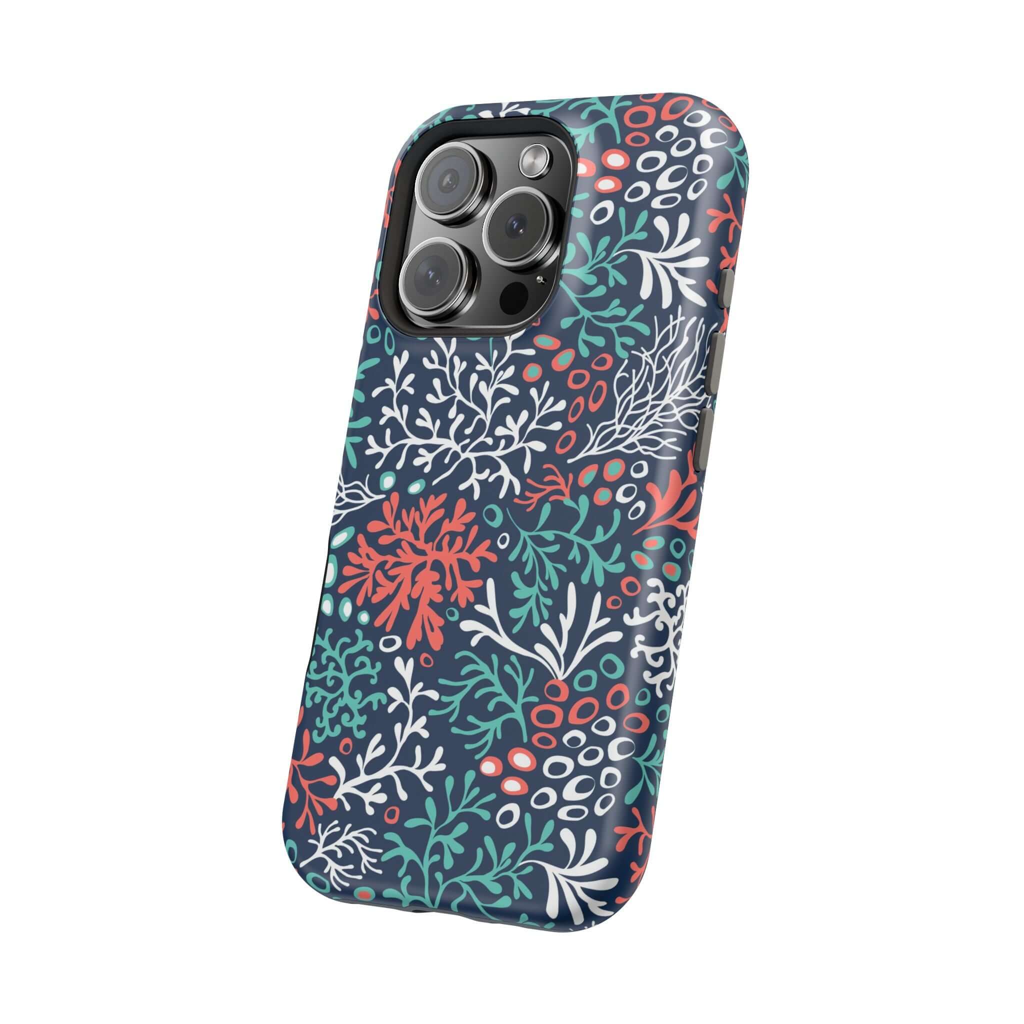 Colorful coral reef iPhone 16 case, cute beachy phone accessory, vibrant protection with quirky design.