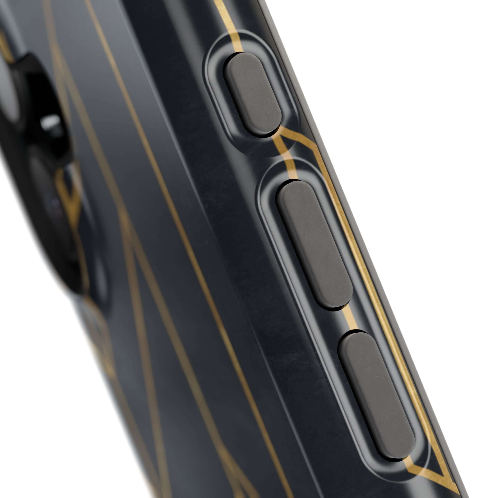 Sleek black geometric iPhone case with gold abstract lines, featuring button detail. Stylish protection for your phone.