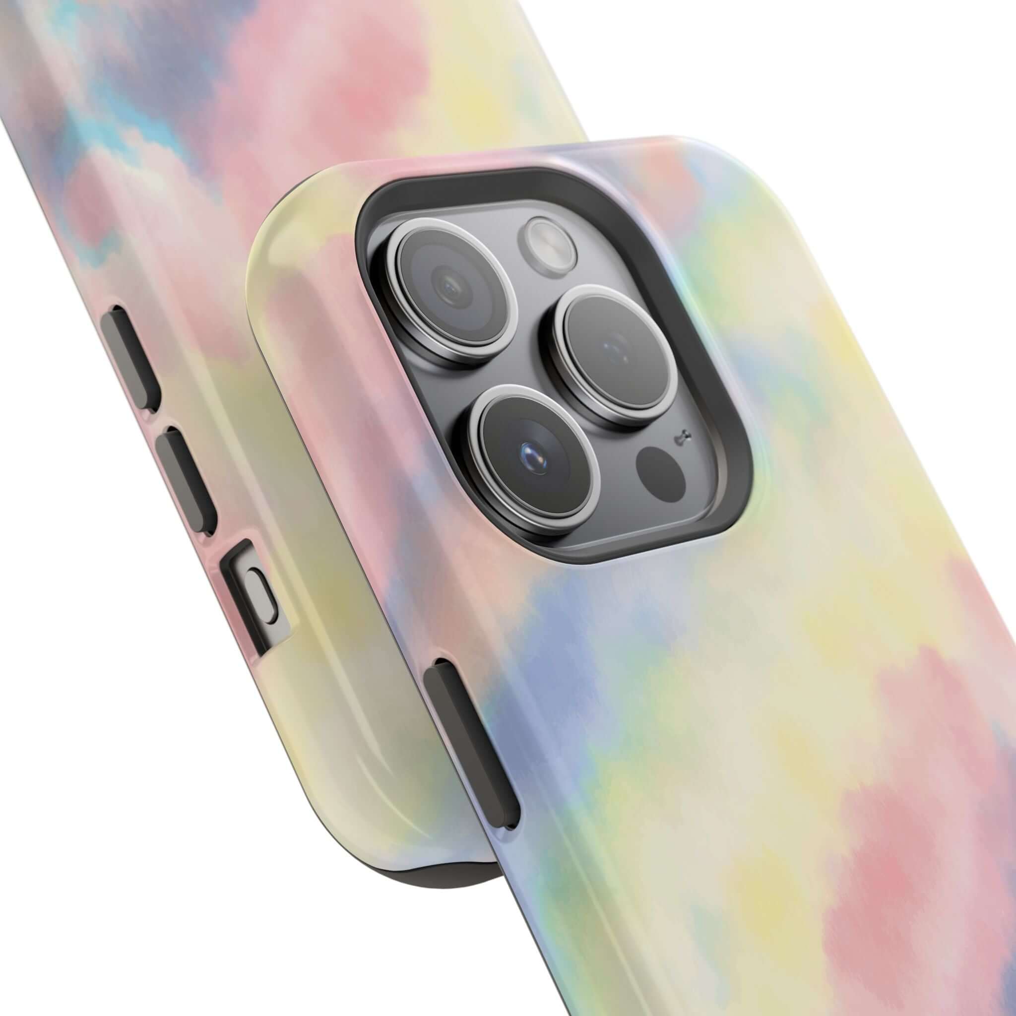 Cute iPhone case with pastel tie dye design and MagSafe compatibility, showcasing a vibrant and custom phone case design.