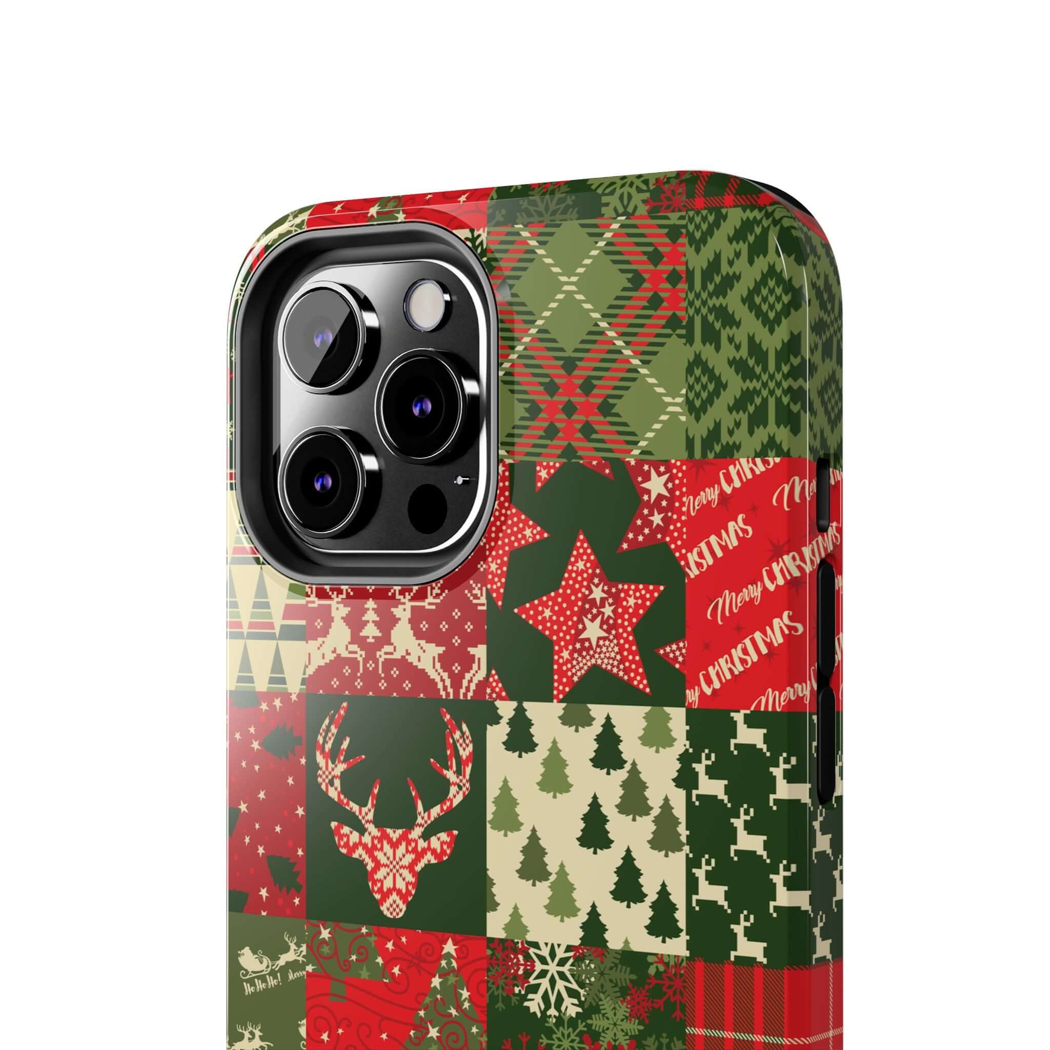 Festive green and red Cute iPhone Case with holiday quilt design featuring Christmas trees, stars, and reindeer. Custom phone case design.