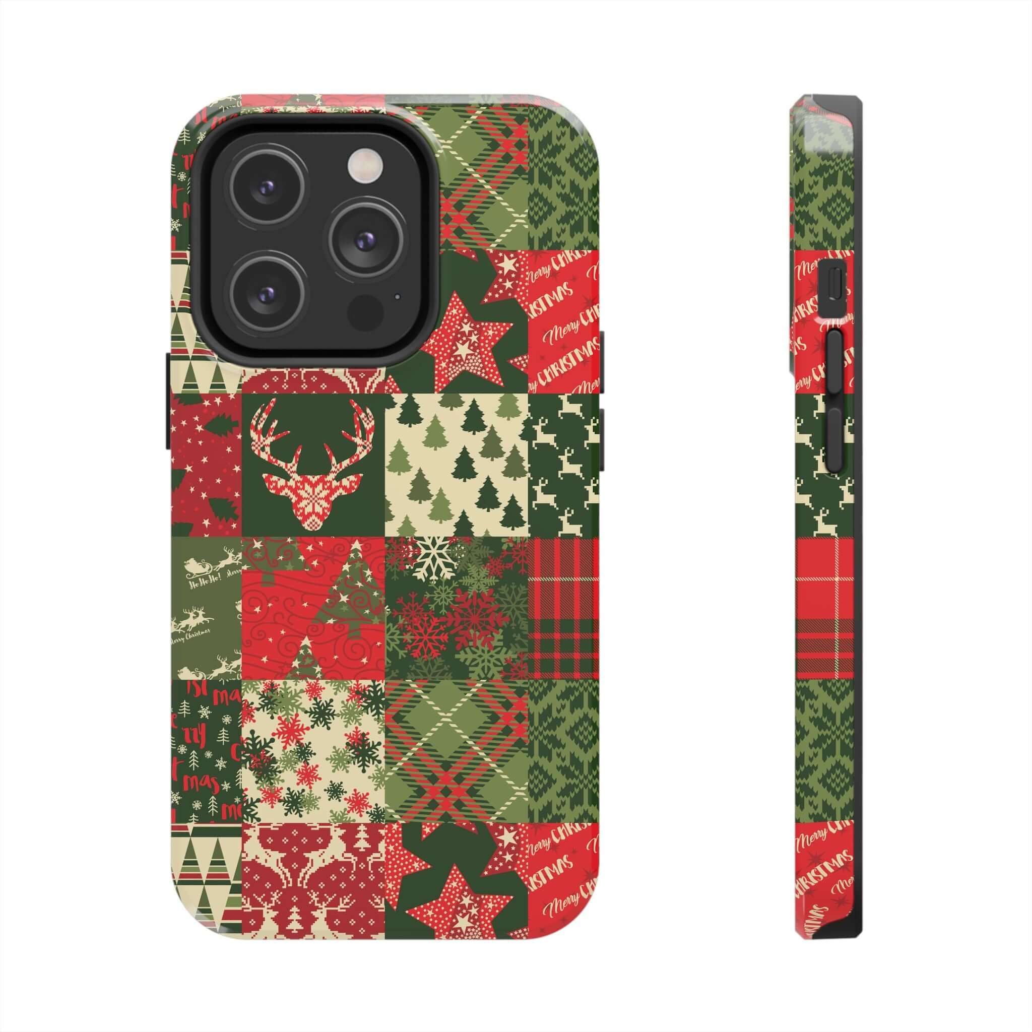 Cute iPhone case with Christmas patchwork design featuring trees, deer, and snowflakes. Stylish custom phone case for the holidays.