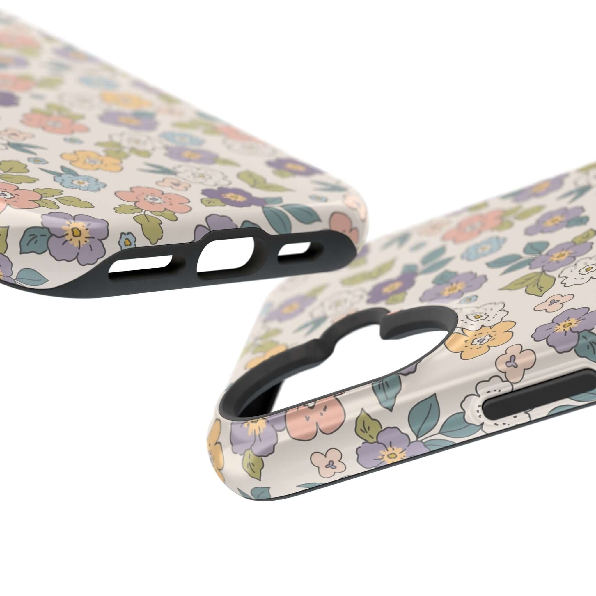 Colorful floral iPhone case with Ditsy Daisies design, showcasing MagSafe compatibility and cute beachy vibe.