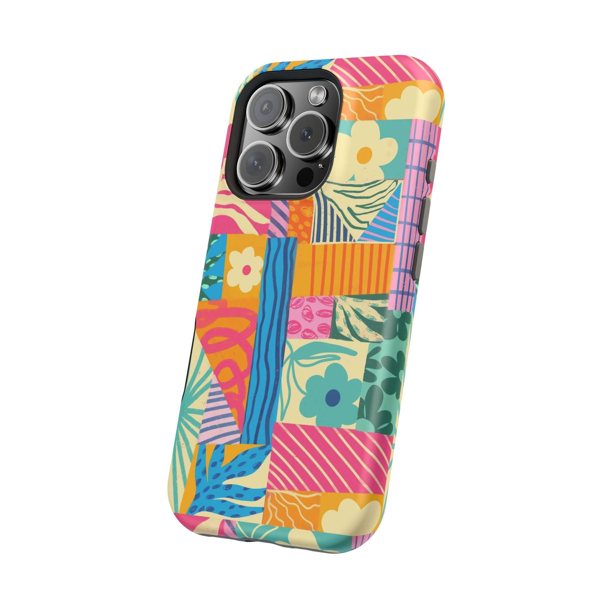 Colorful patchwork phone case for iPhone 16, perfect for beach lovers. Cute and playful design adds vibrant style.