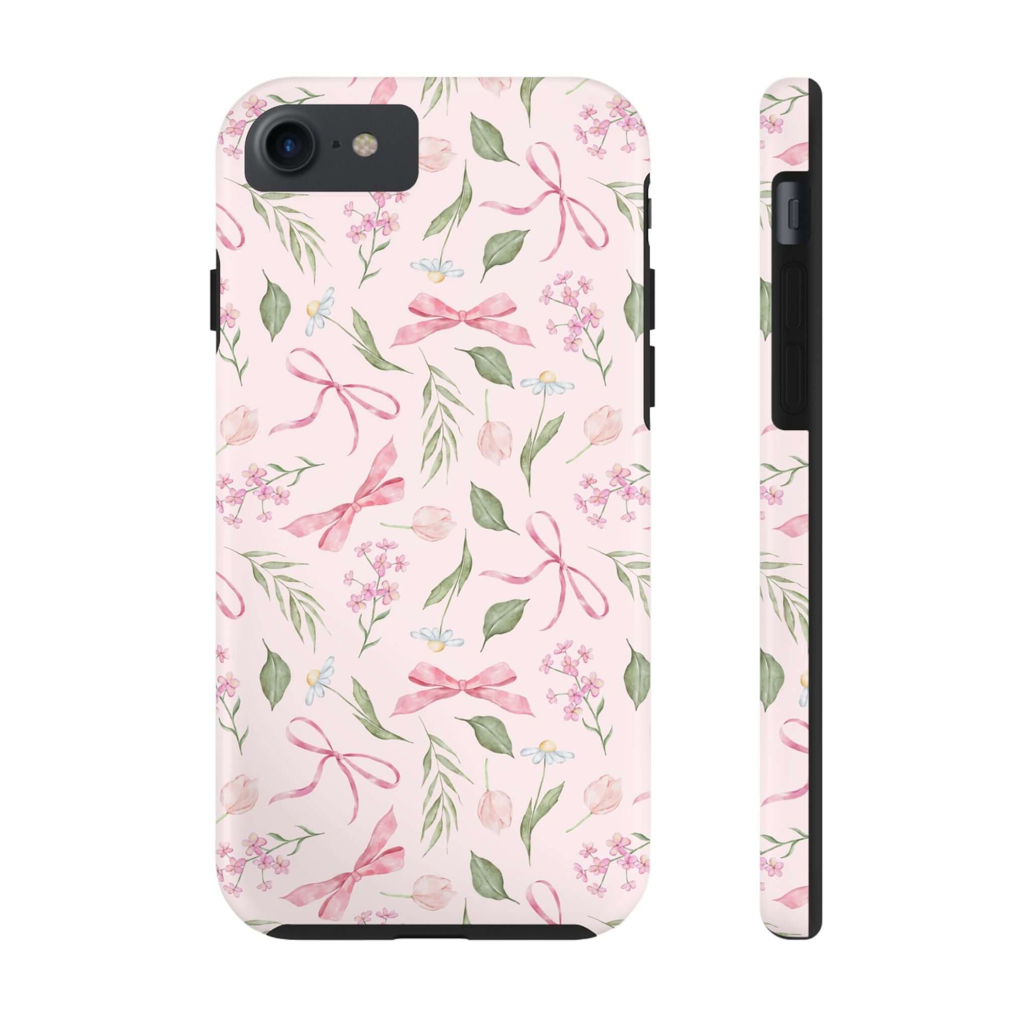 Pink iPhone case with cute bow and floral design - Girlie Twirls Coquette Bow Case for iPhone 14 and 15