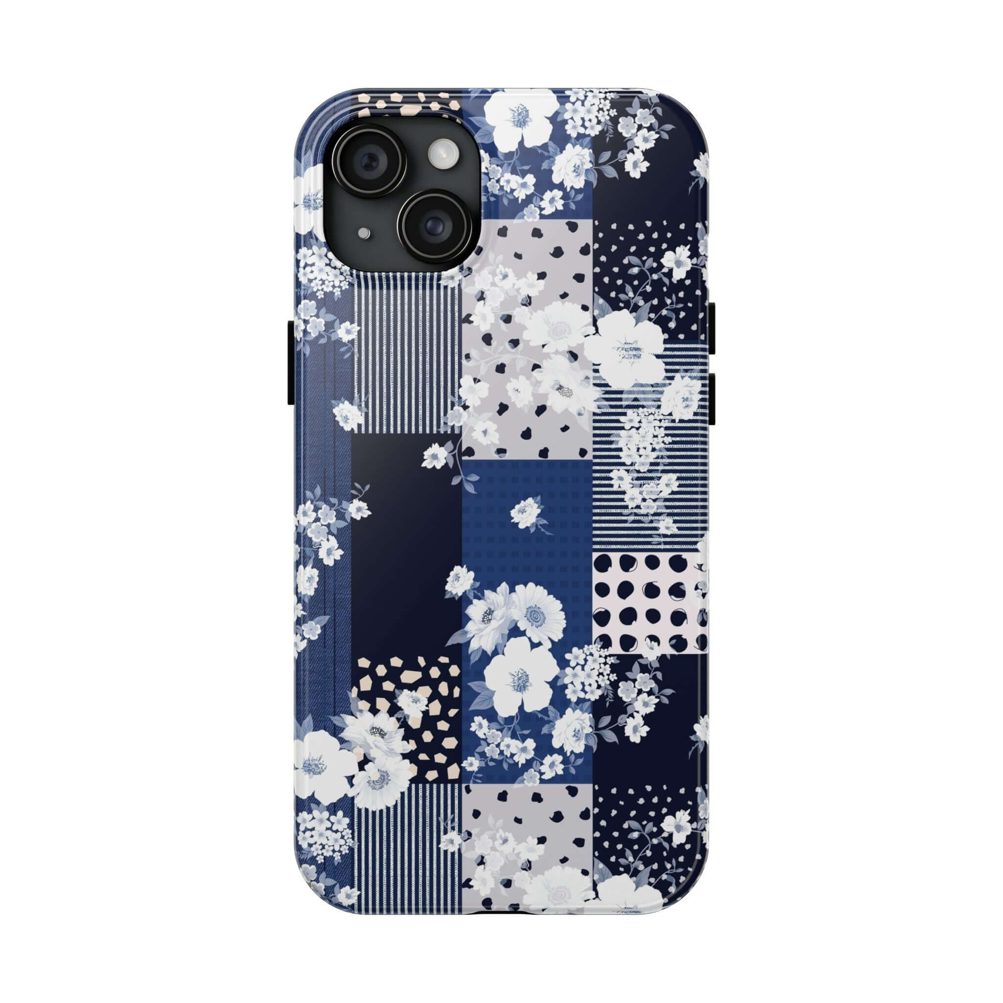 Blue floral patchwork iPhone case for Sorority Book Club with flowers, cute phone cover for Samsung and iPhone users.