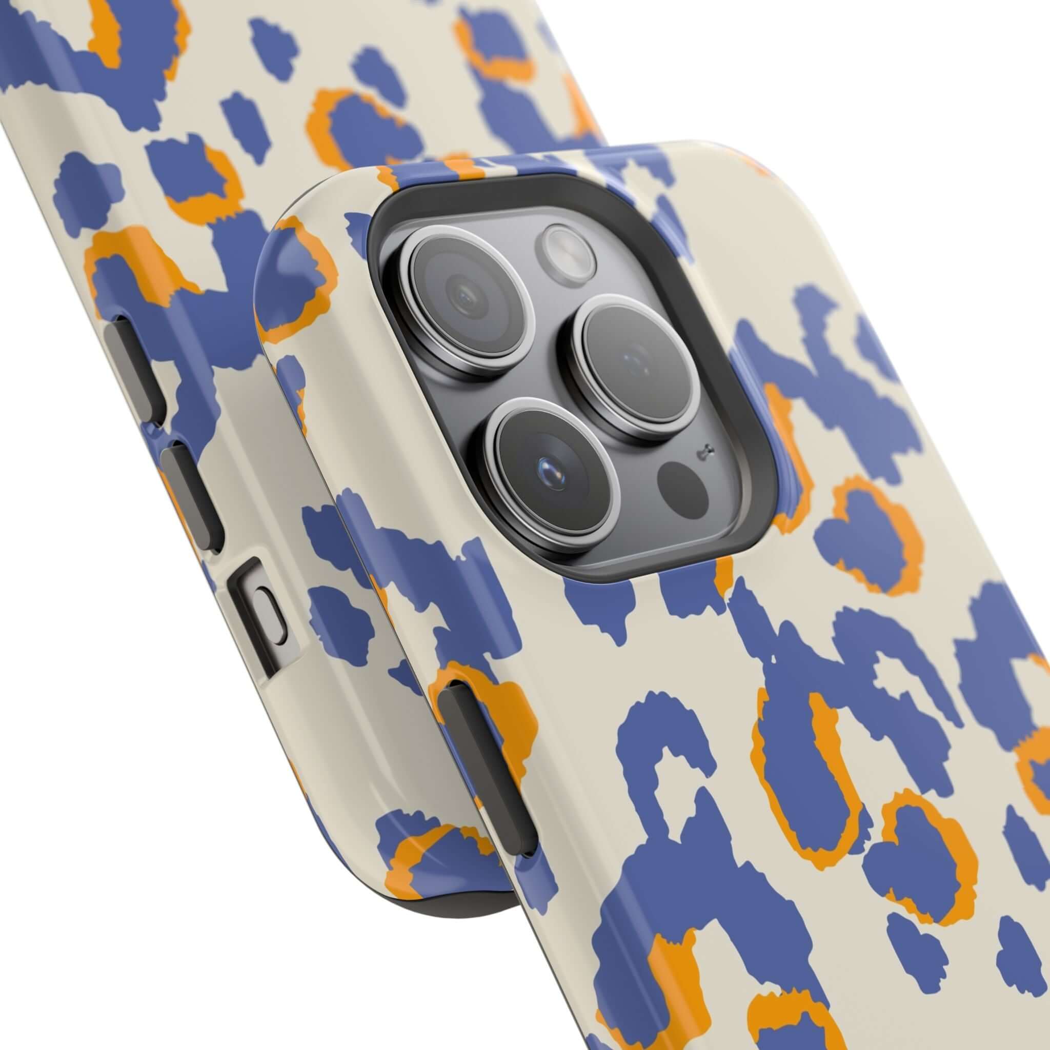 Colorful blue leopard print MagSafe iPhone case, featuring a cute and abstract design, highlighting a stylish protective phone accessory.