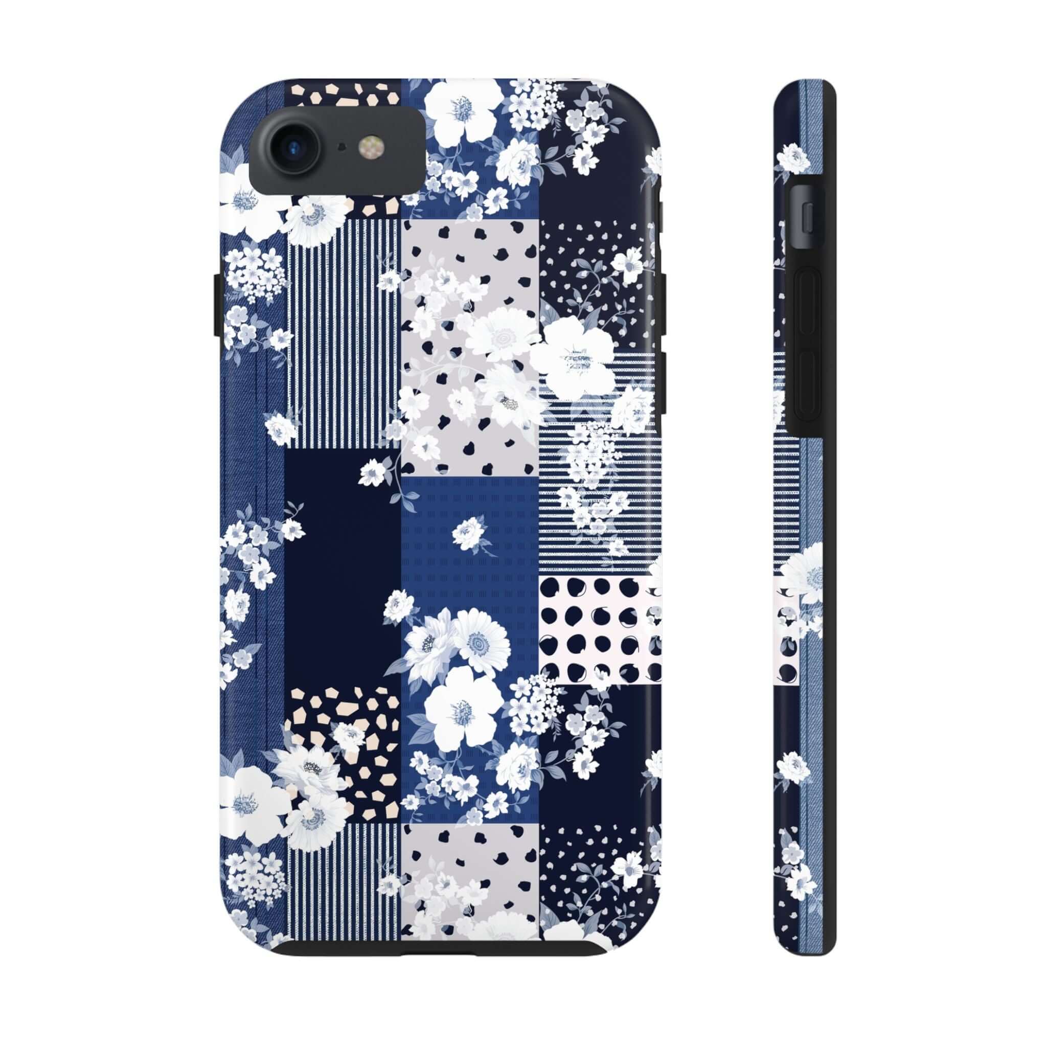 Sorority Book Club blue floral phone case with patchwork design, perfect cute iPhone case or phone cover with flowers for Samsung