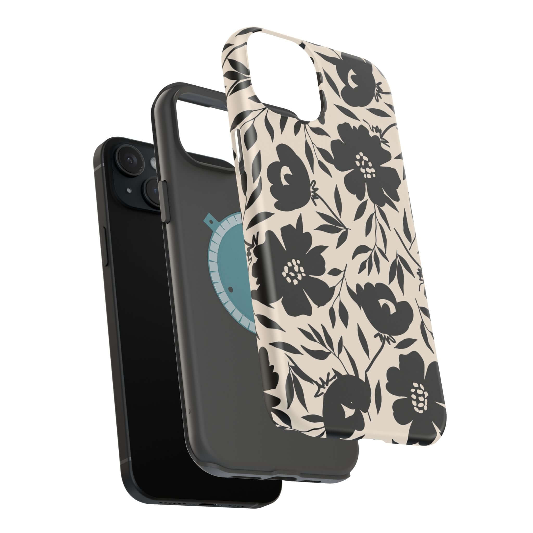 Eclipse Garden Black Floral Case for iPhone 16, cute floral phone case with bold black flower design.