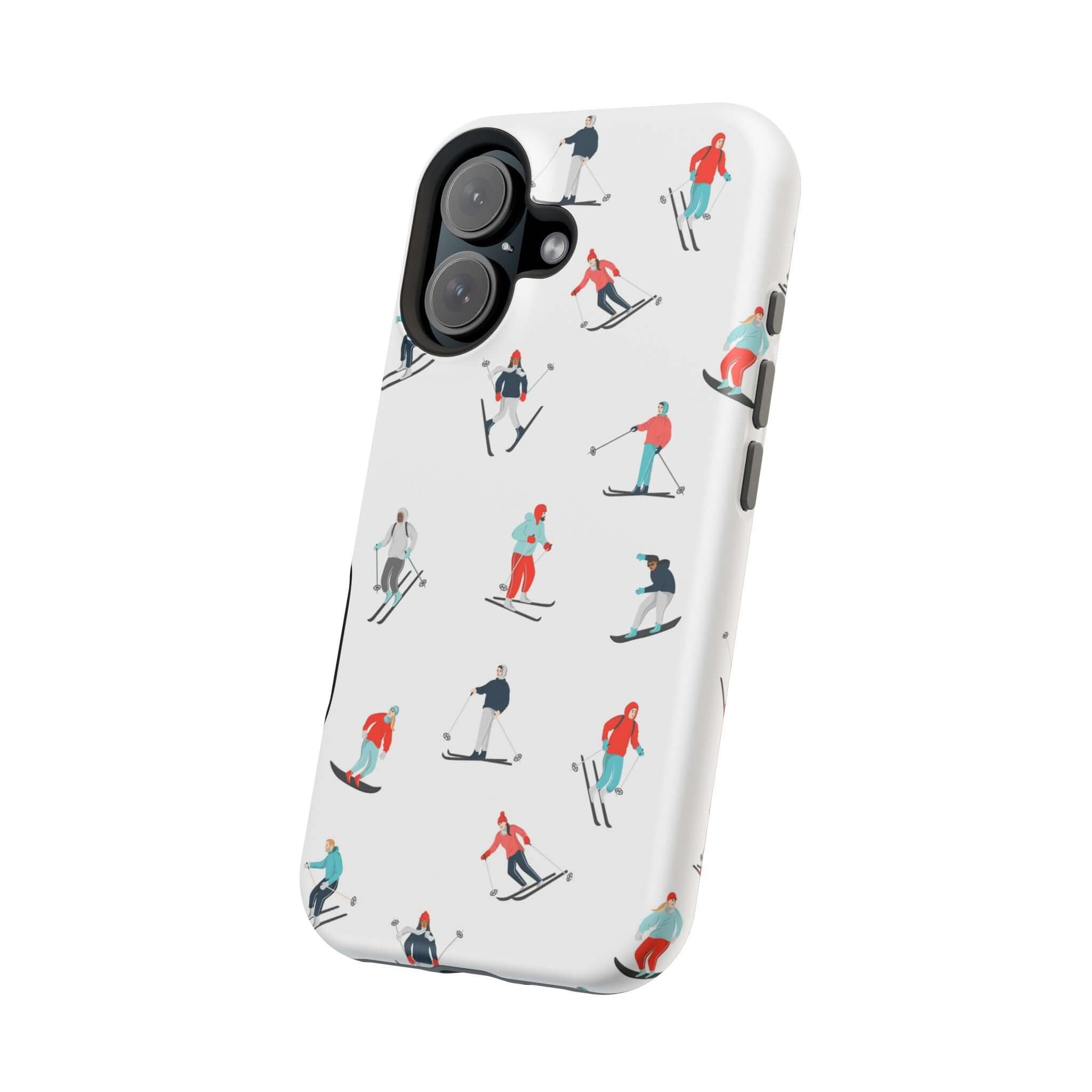 Cute phone cover featuring colorful skiing characters on a white background, perfect for winter sports lovers.