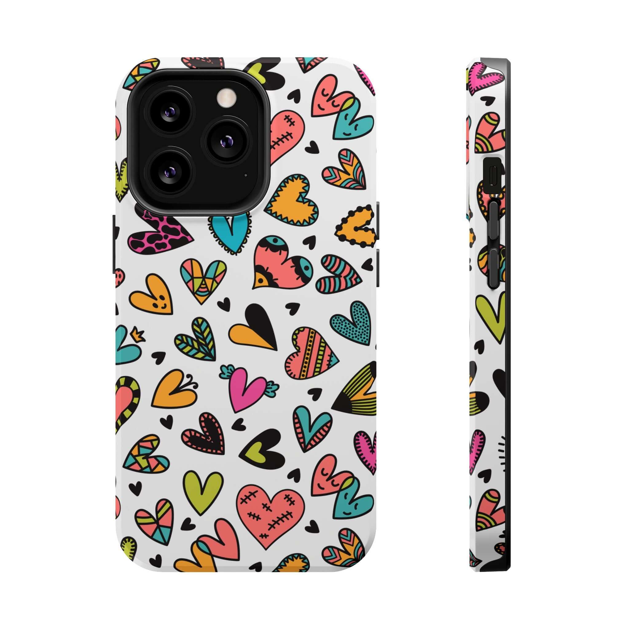 Cute iPhone case with colorful hearts design, Kaleidoscope of Hearts phone case, unique and stylish protection with free shipping