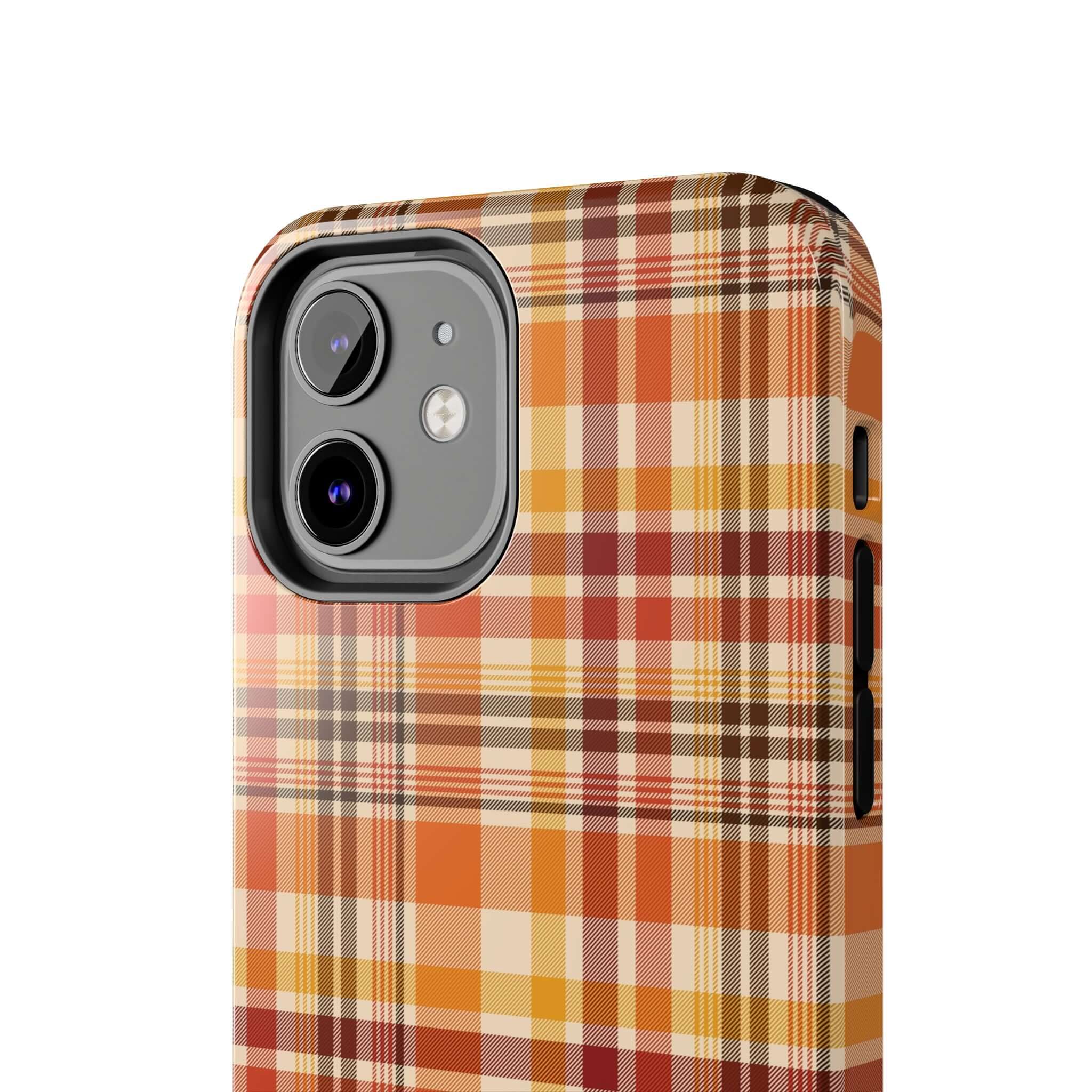 Autumn Air Fall Plaid iPhone Case with orange and brown tones perfect for a cute Halloween or fall-themed phone accessory.