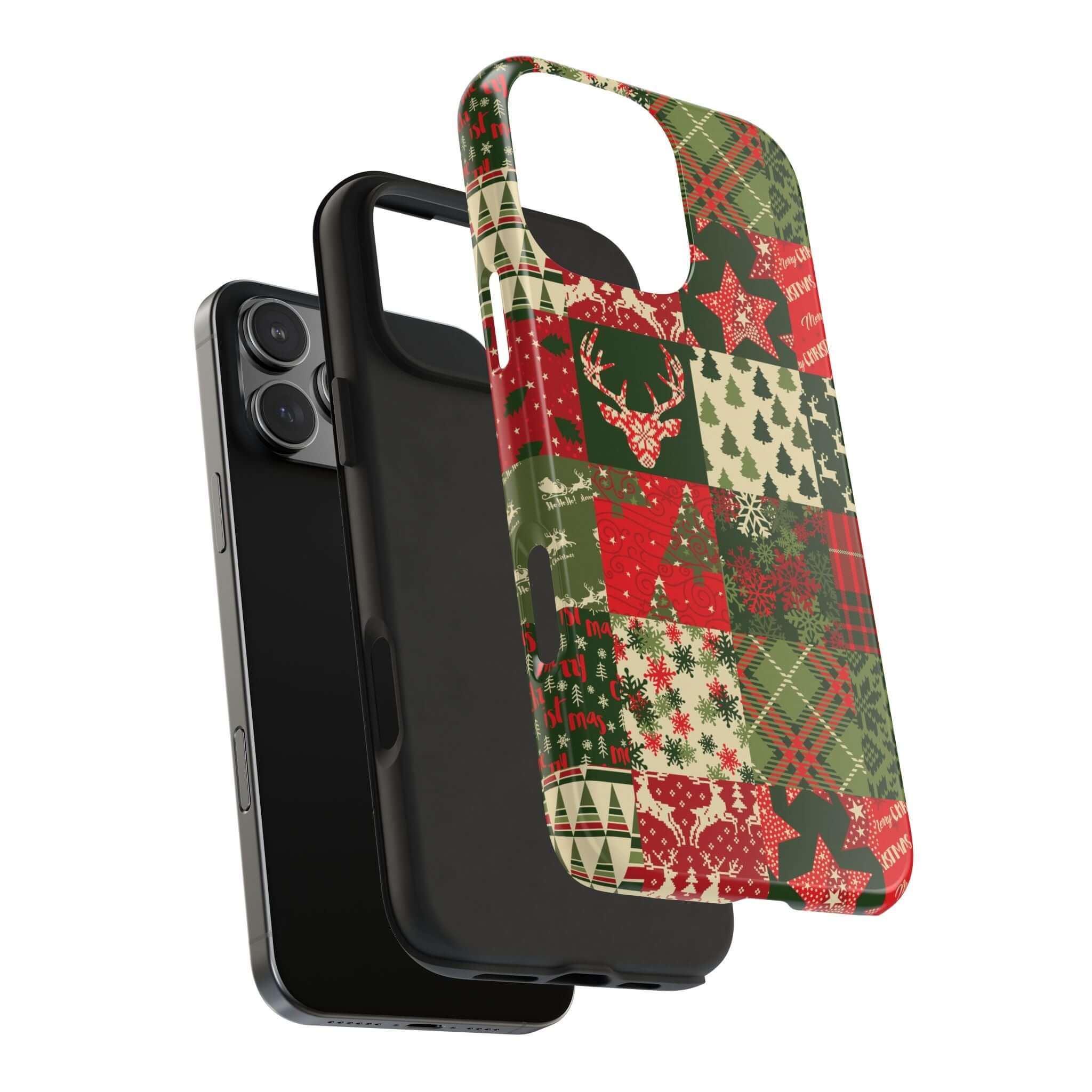 Cozy Quiltmas green holiday phone case with festive Christmas patterns, perfect cute custom iPhone case design for the holiday season.