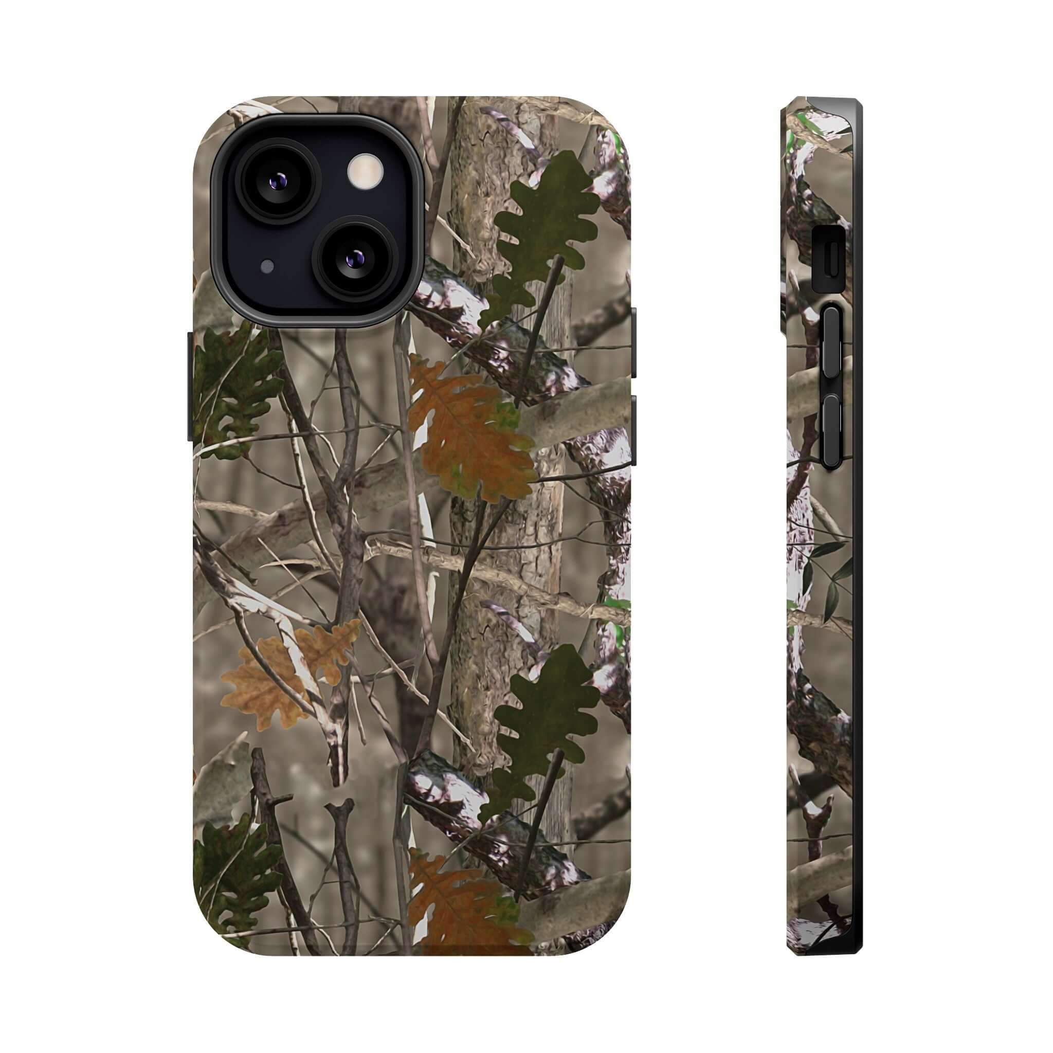 Modern forest camo phone case with animal print design, featuring MagSafe compatibility for iPhone, offering stylish protection.