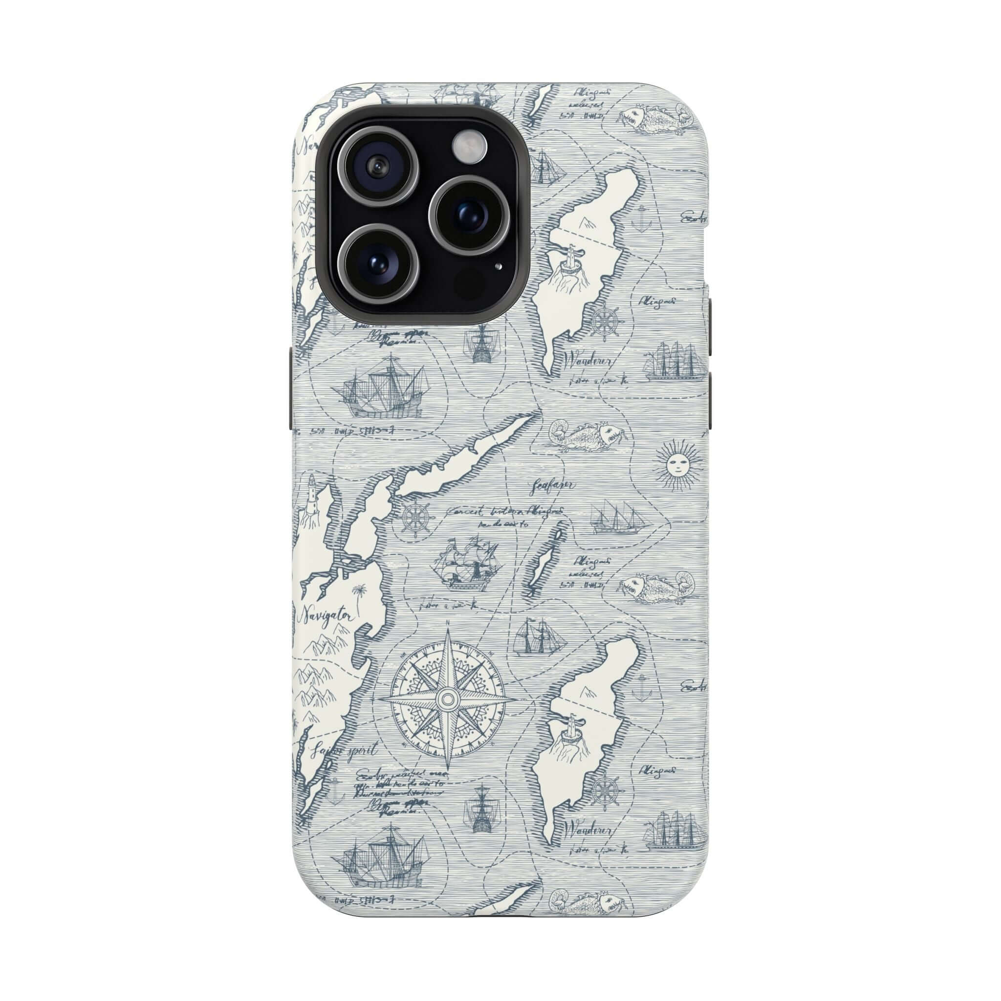 Pirates Passageway nautical map phone case for iPhone 14 Pro Max with MagSafe technology, teal design, cute and functional for adventures