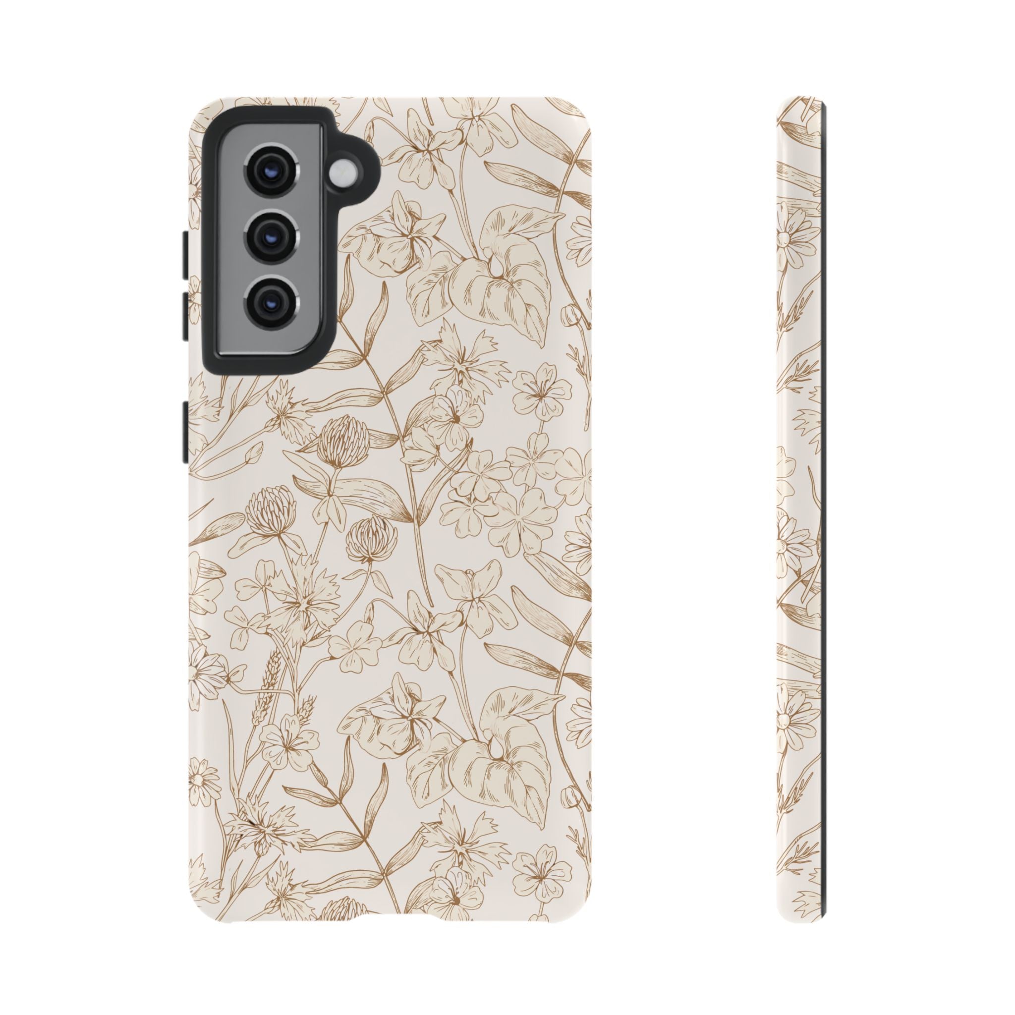 Beige Thyme Tan Garden phone case with floral design, fits Samsung, adds quirky flair, cute phone case for iPhone 16 alternative.