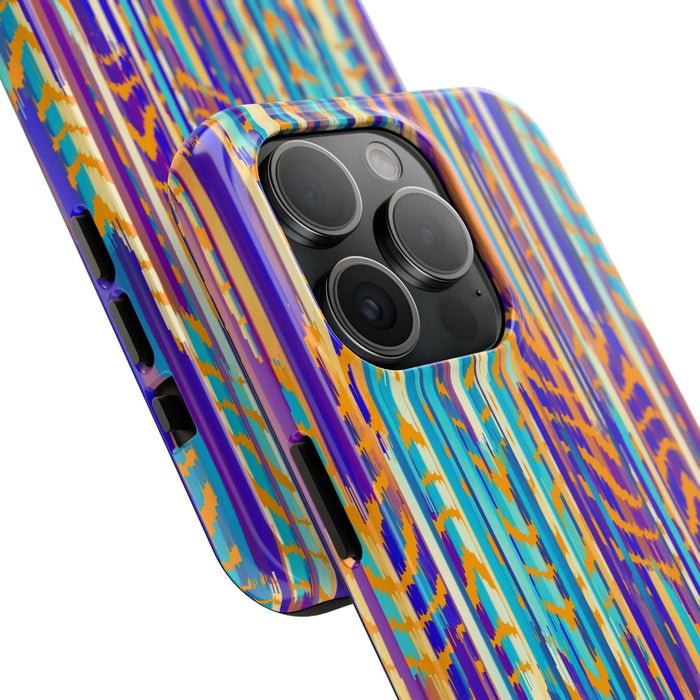 Colorful iPhone case with abstract tie dye design, featuring vibrant purple, blue, and orange patterns for a unique and cute look.