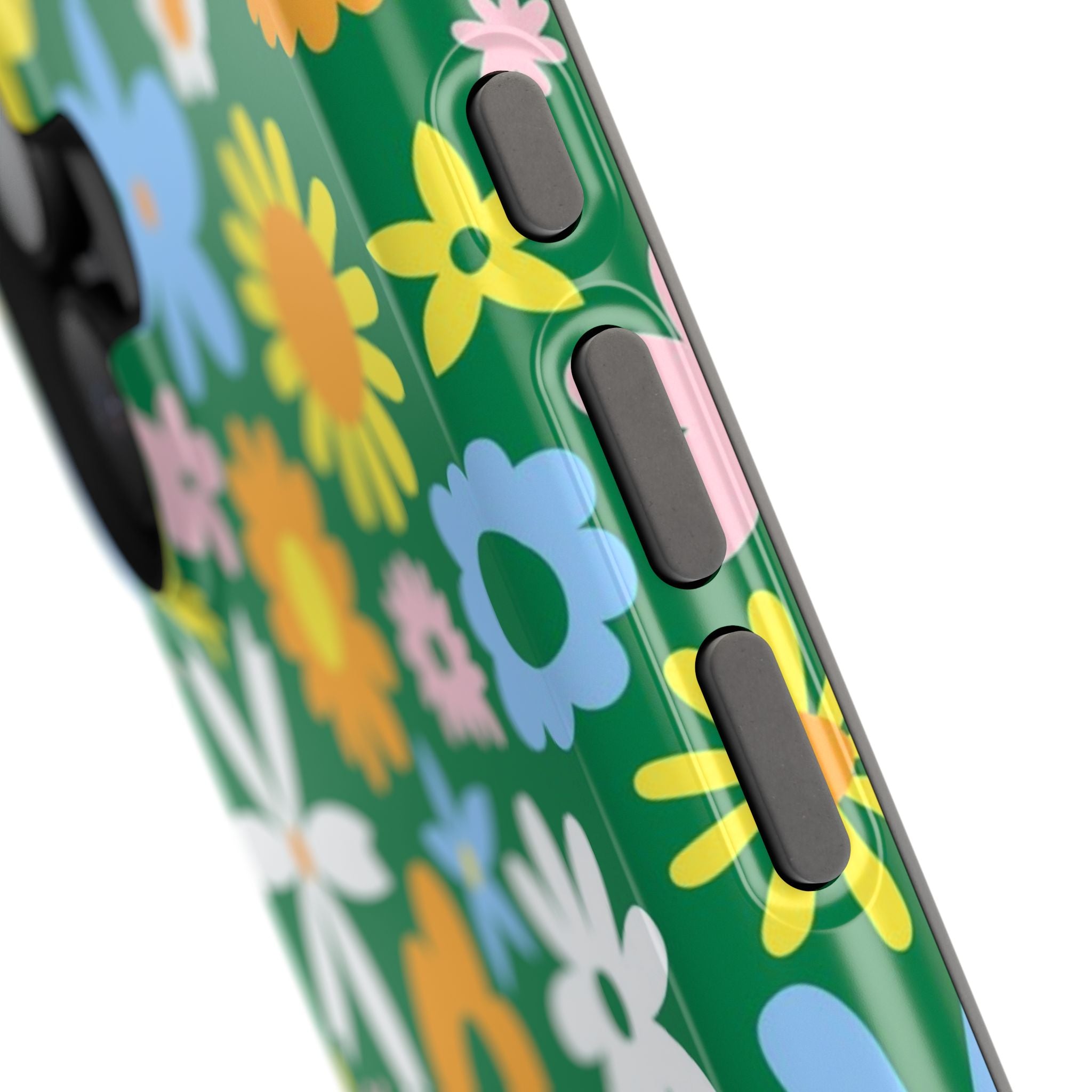 Vibrant floral MagSafe iPhone case with playful hippie design and colorful flowers on a green background, adds quirky charm.