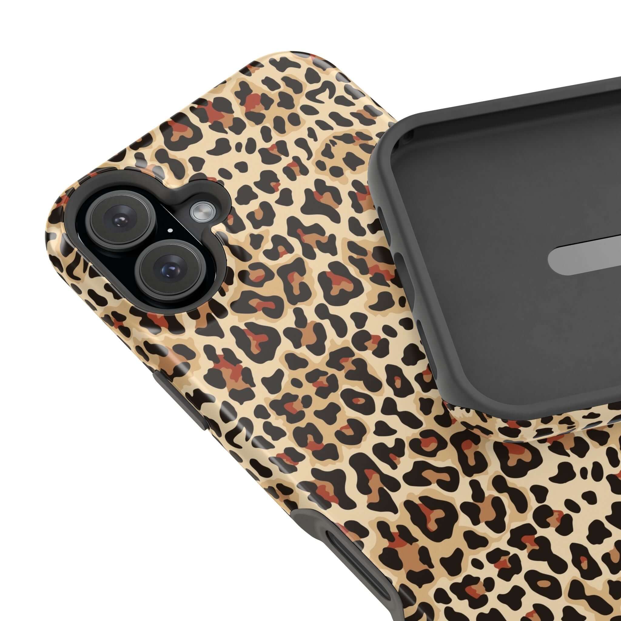 Colorful leopard print iPhone case with MagSafe, featuring abstract design. Cute phone case for stylish protection.