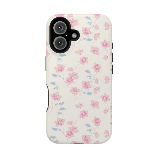 Cute phone cover featuring whimsical pink Coquette flowers on a cream background, perfect for Apple iPhone.