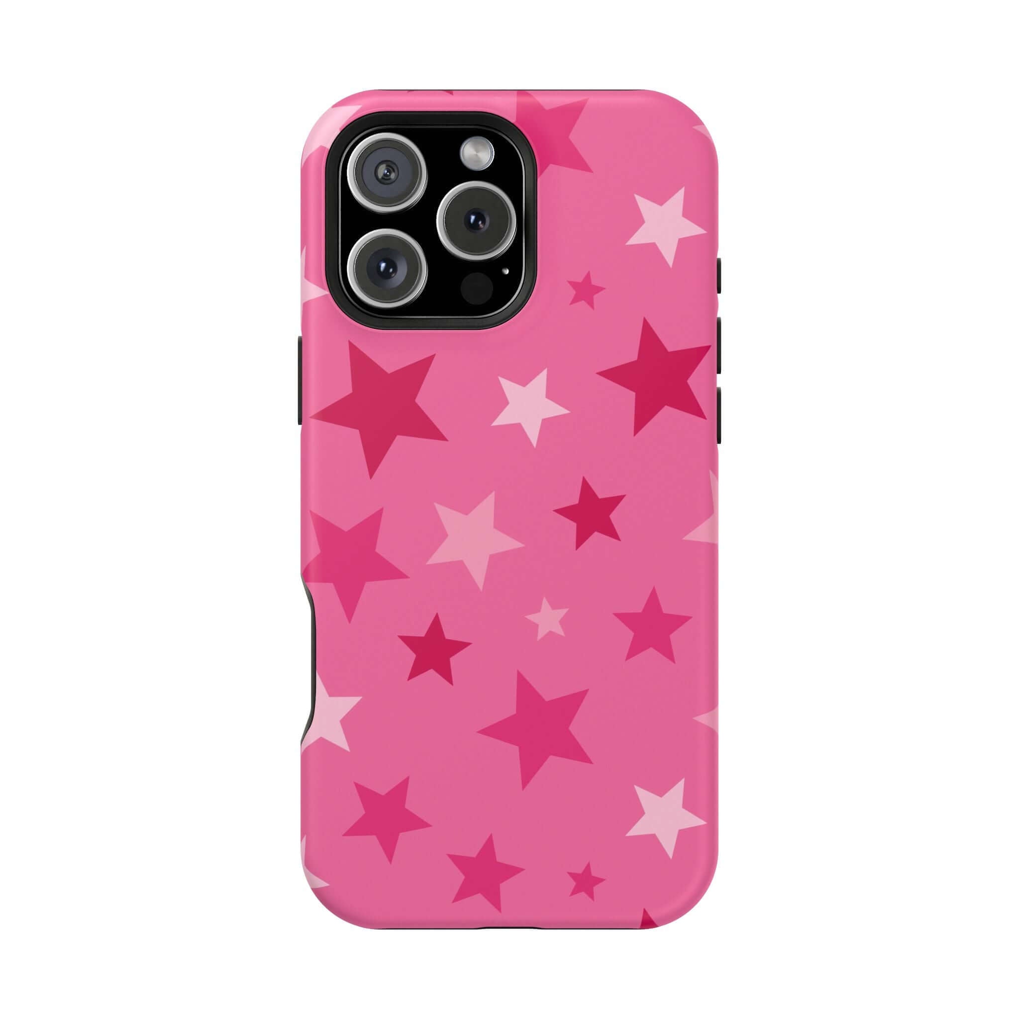 Cute pink iPhone case with star patterns for trendy protection and style. Perfect accessory for starry-eyed phone lovers!