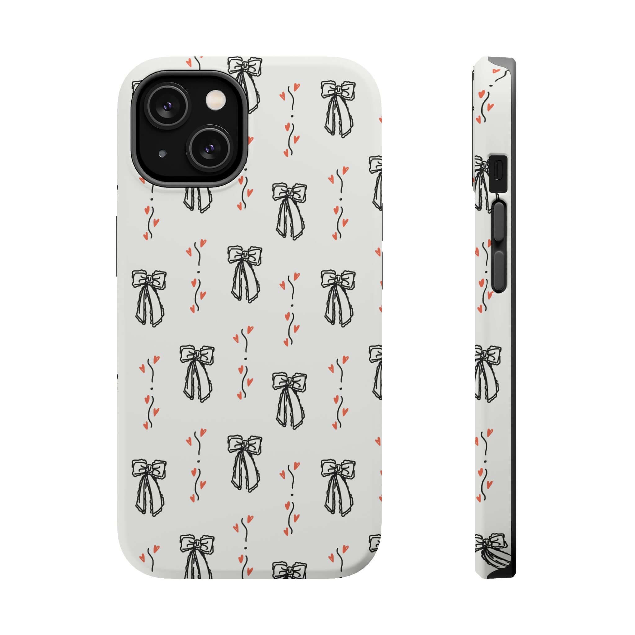 Cute vintage coquette phone case for iPhone 16 with black bow design and floral accents.