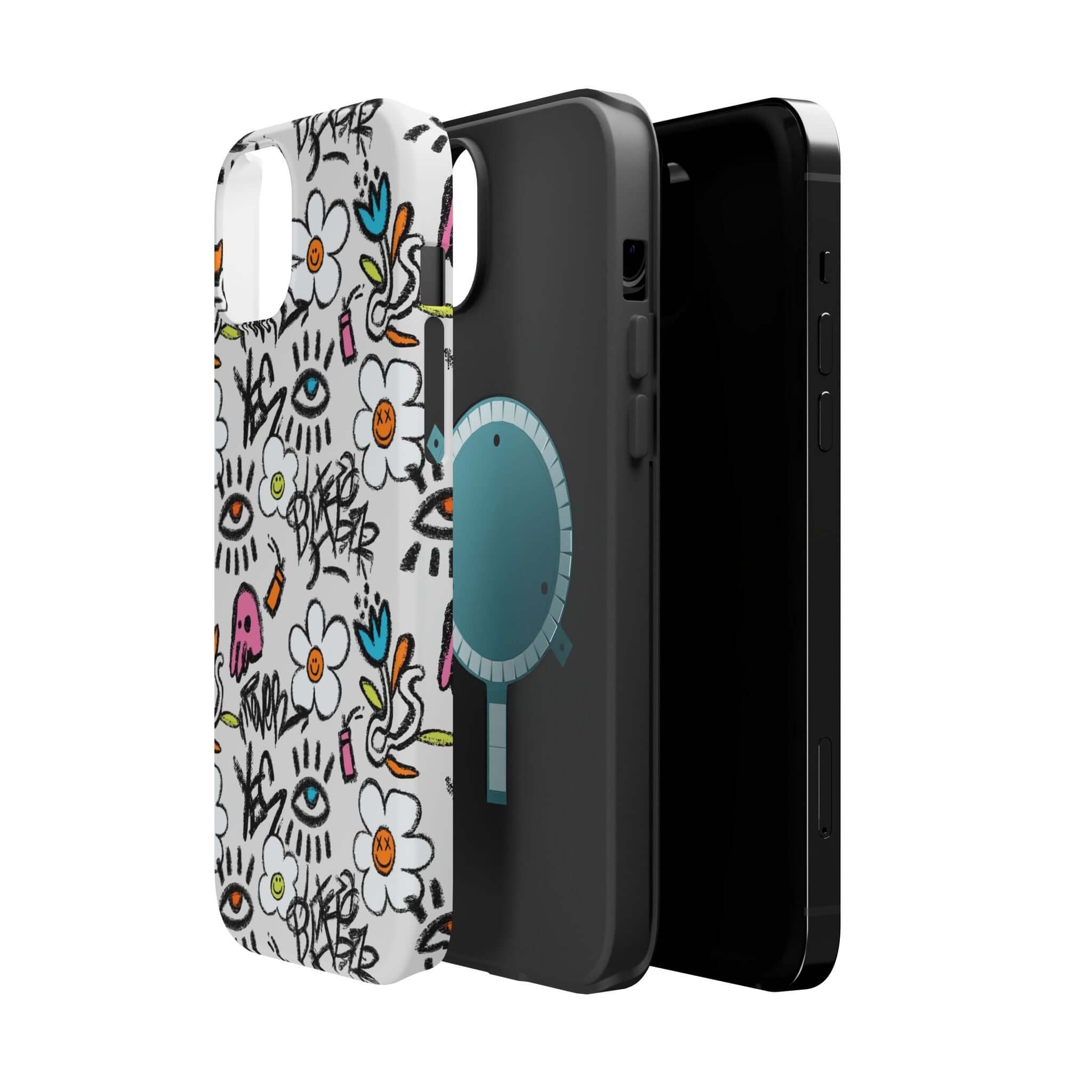 Cute Floral Graffiti Phone Case for iPhone, showcasing vibrant design and MagSafe compatibility. Perfect for a stylish look!