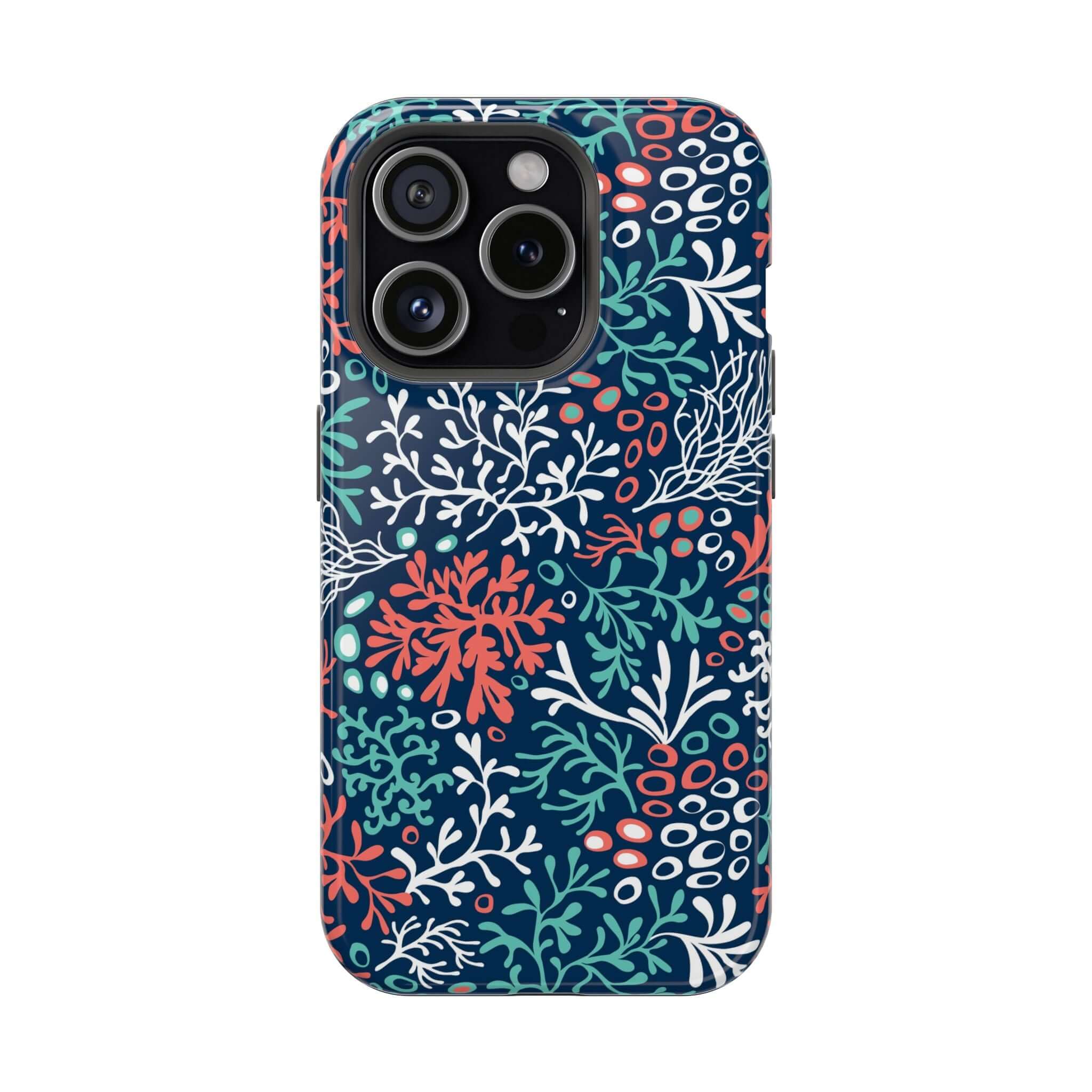 Cute iPhone 16 case with colorful coral reef design, perfect beachy phone accessory.