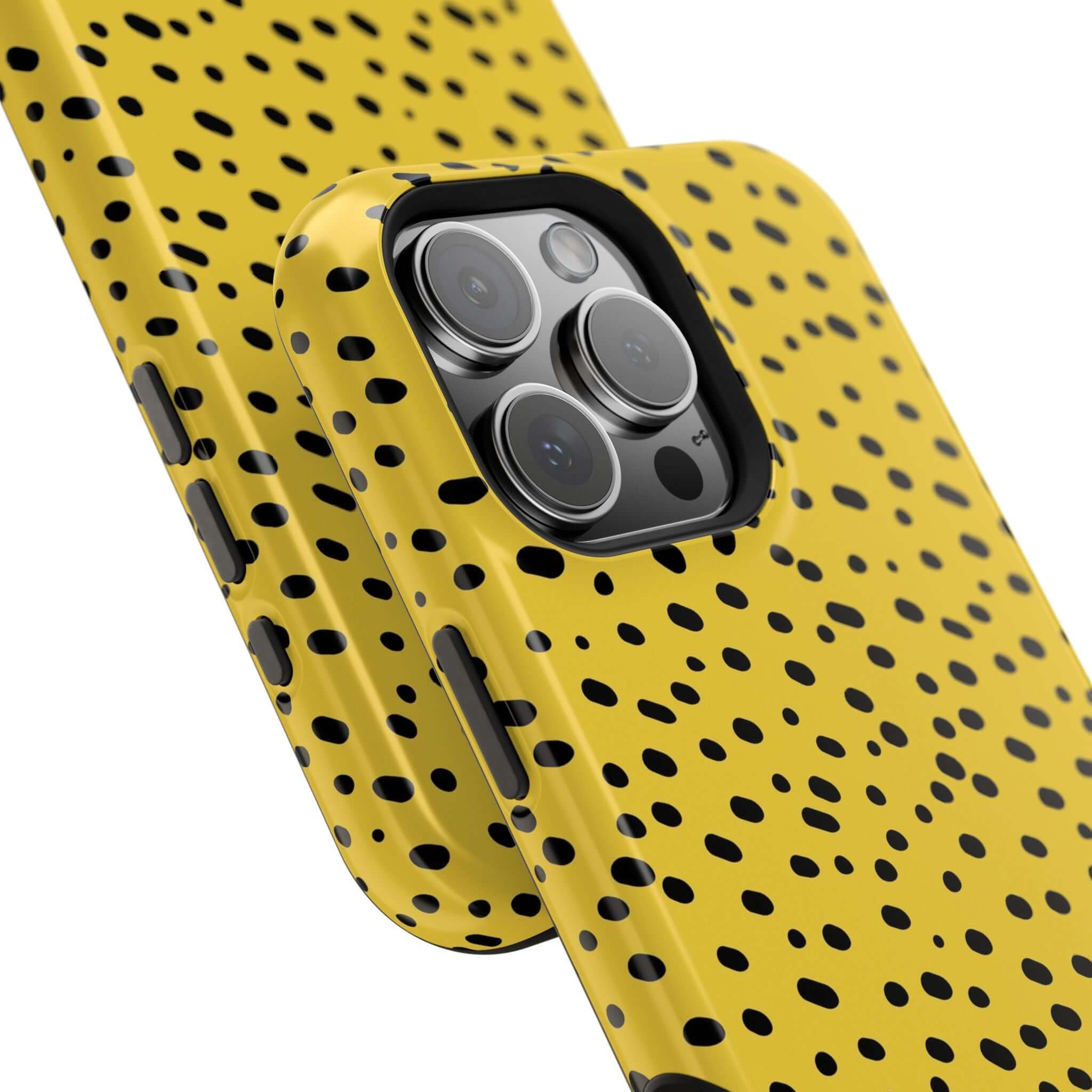 Bright yellow cheetah-spotted MagSafe iPhone case by Spot On, offering stylish protection with a colorful and cute abstract design.