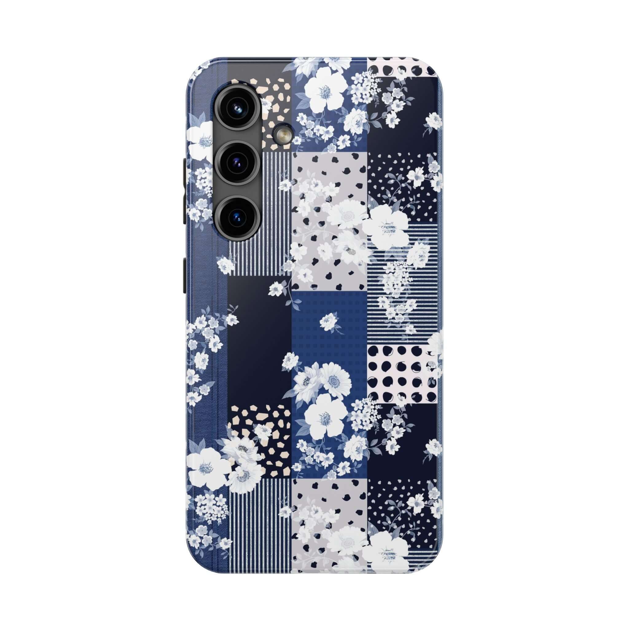 Blue floral patchwork phone case for iPhone and Samsung. Cute sorority book club phone cover with flowers.