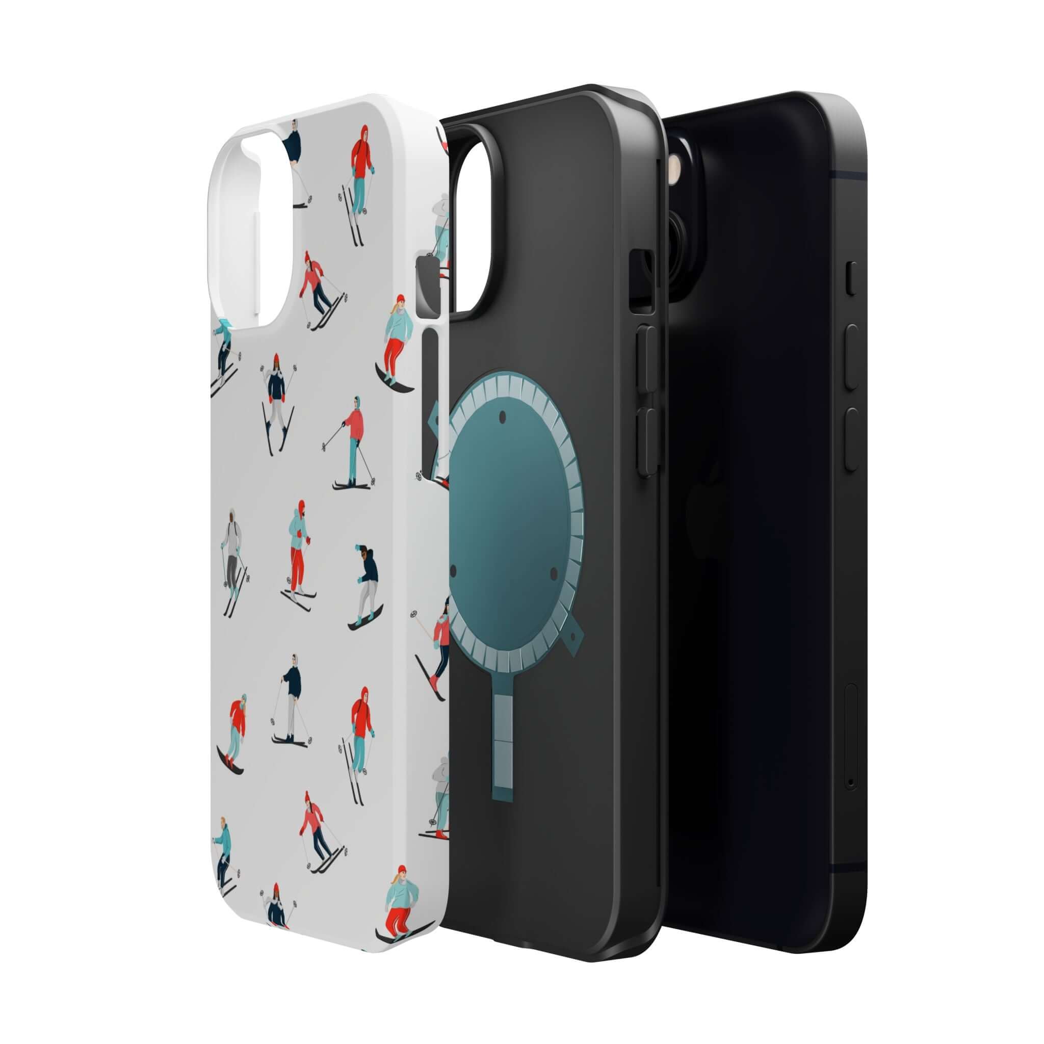 Cute phone cover featuring winter skiers, showcasing the Snowy Slopes design and sleek black phone cases.