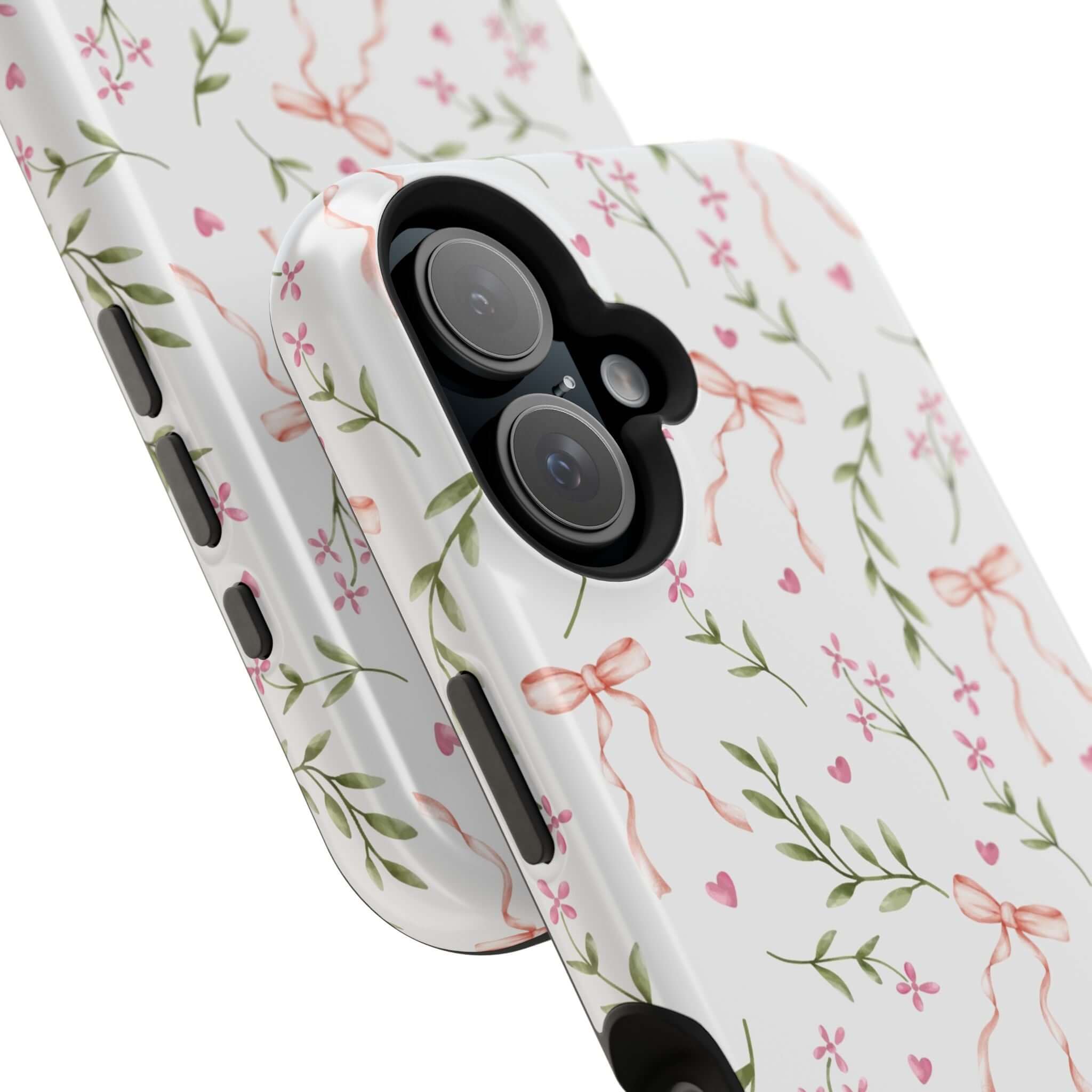 Charming floral Pink Coquette MagSafe iPhone case with bows and whimsical design, the perfect cute phone cover by Darling Daydream.