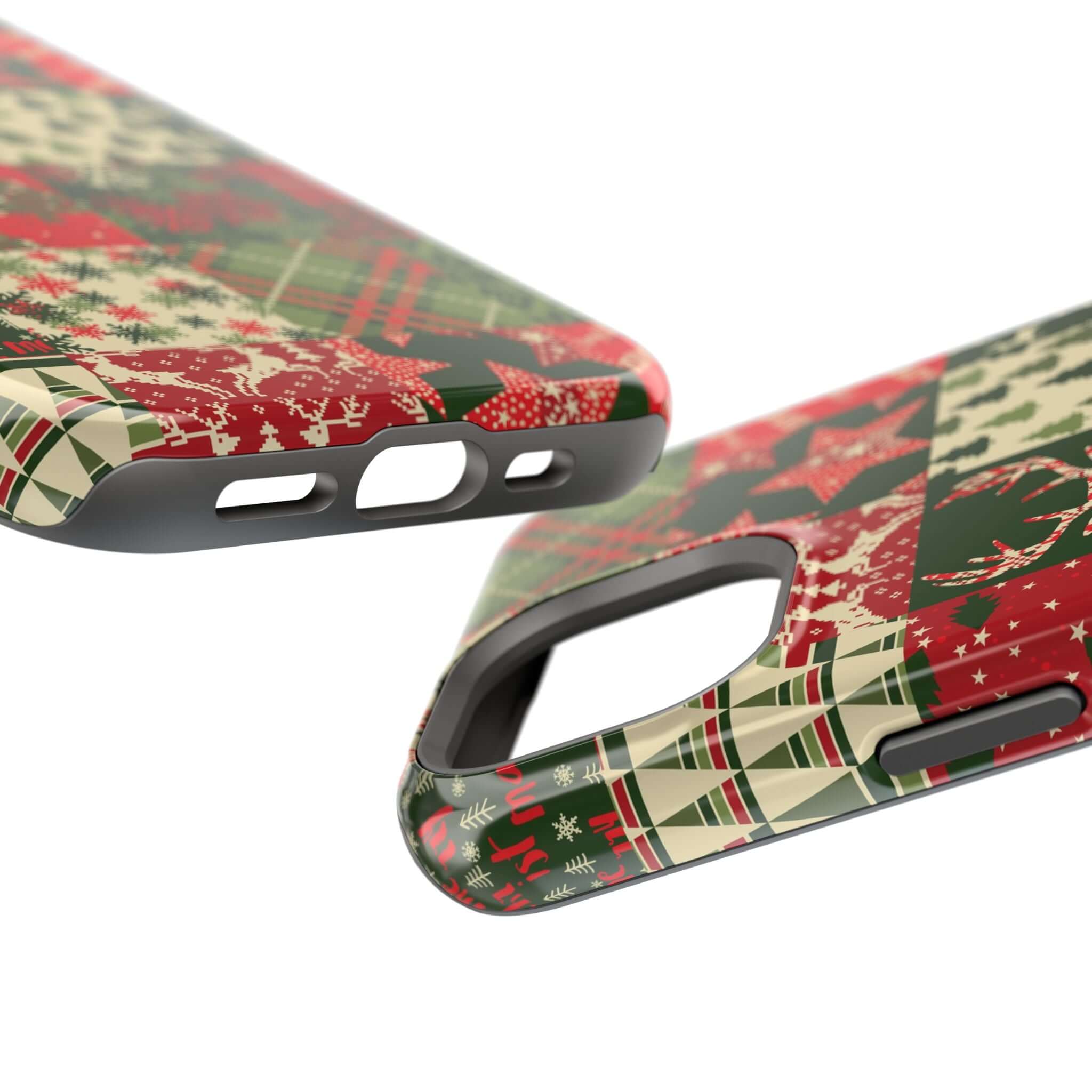 Cozy Quiltmas MagSafe case with festive holiday design, featuring red, green, and beige patterns; perfect Christmas phone cover.