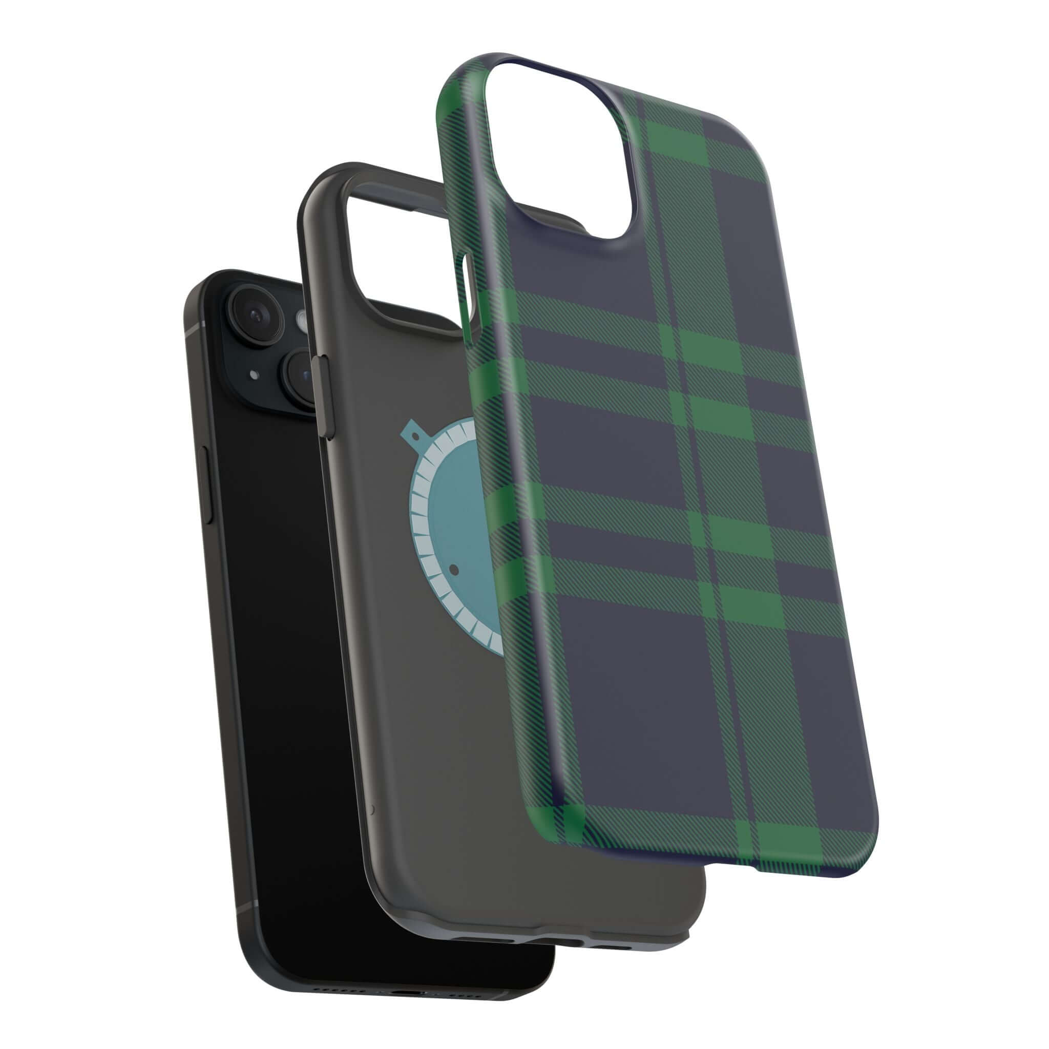 Cute Mistletoe Plaid MagSafe case shown in front of a black phone for iPhone, adding holiday cheer to your device.