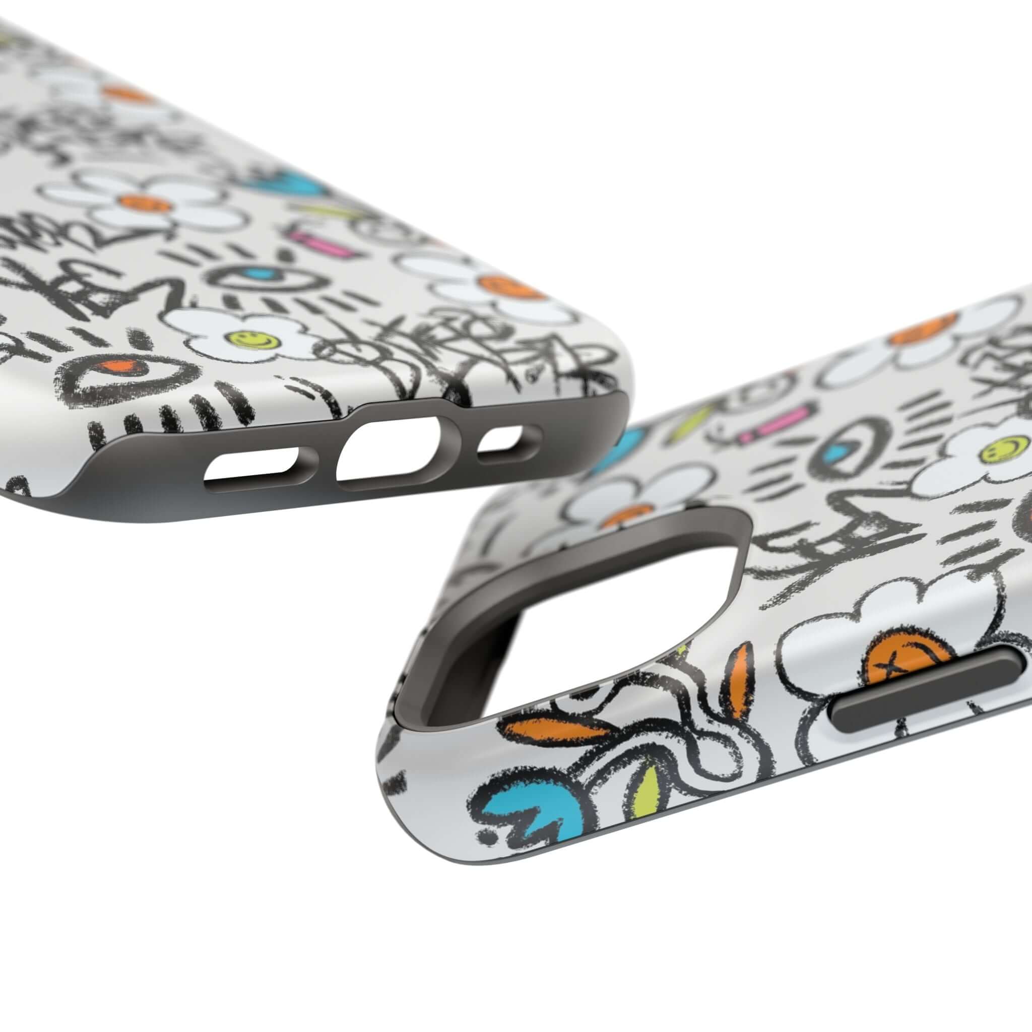 Cute phone cover featuring Happy Chaos floral graffiti design, perfect for adding vibrant style to your iPhone.