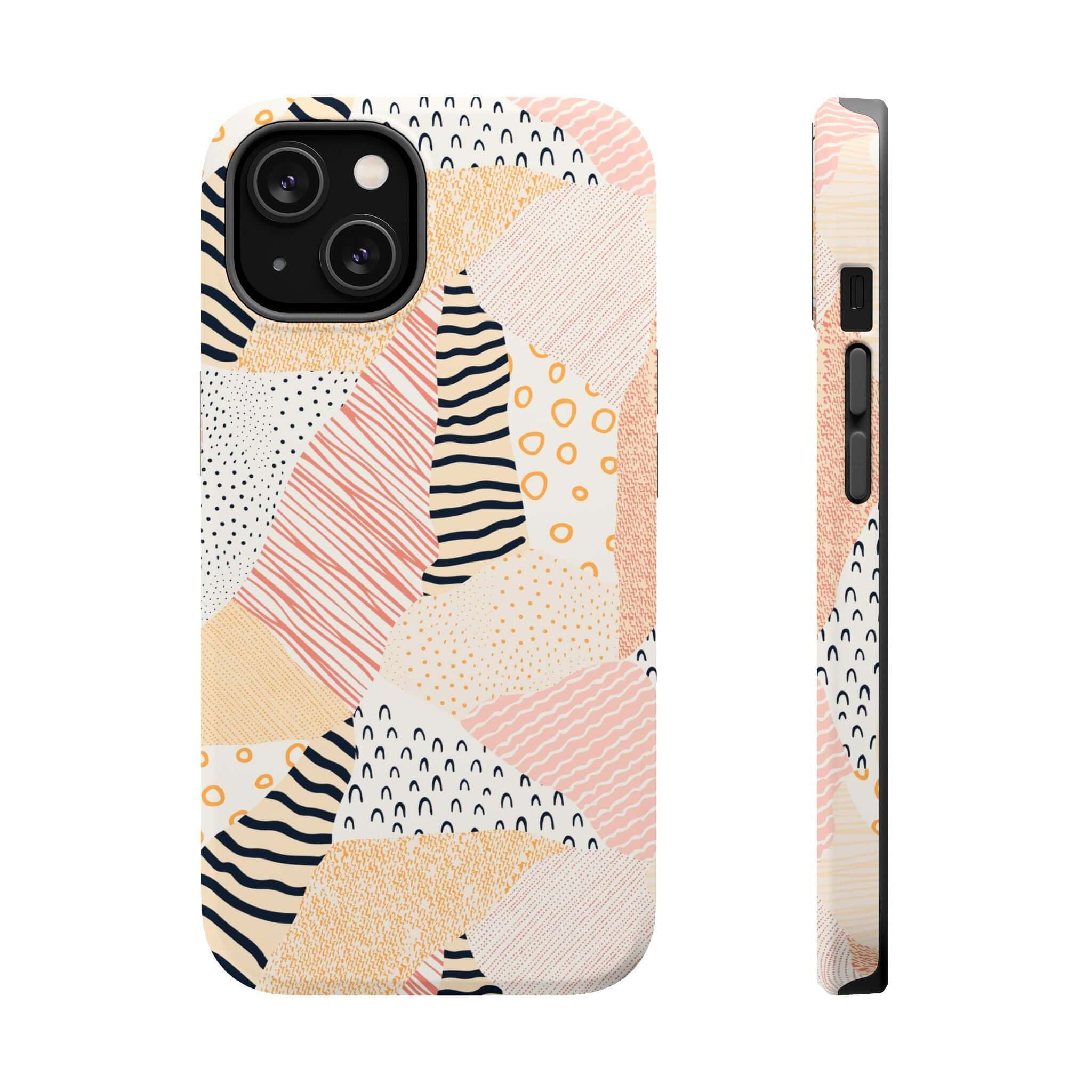 Cute pastel patchwork phone case for iPhone 16 adds colorful fun with peach tones and vibrant patterns.