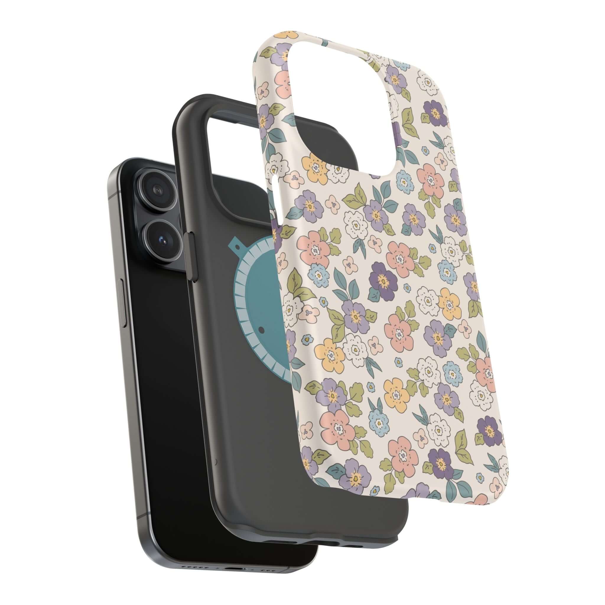 Colorful Ditsy Daisies iPhone case displayed with a sleek black phone, showcasing style and MagSafe compatibility.