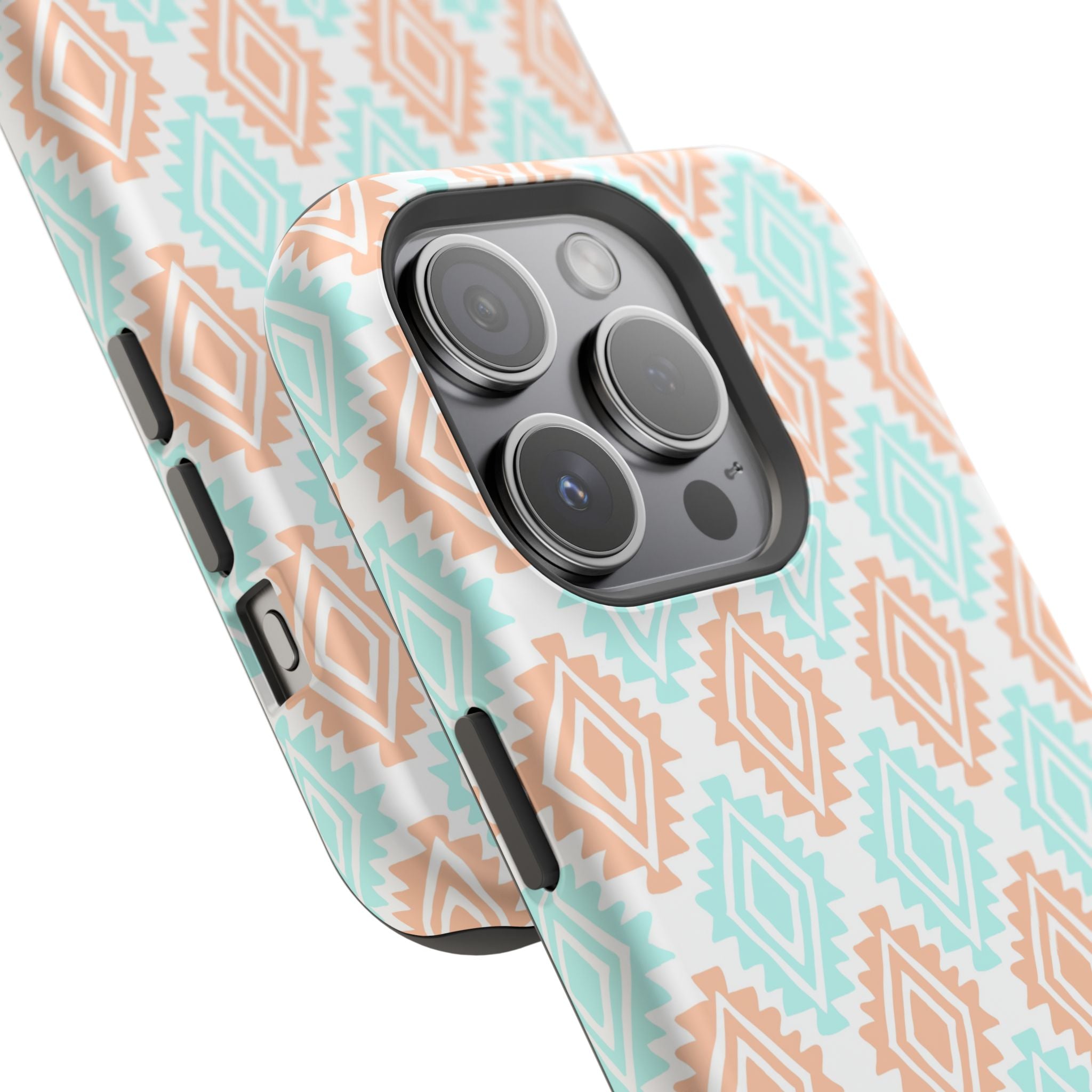 Southwestern MagSafe iPhone case with a cute abstract design, featuring turquoise and tan geometric patterns.